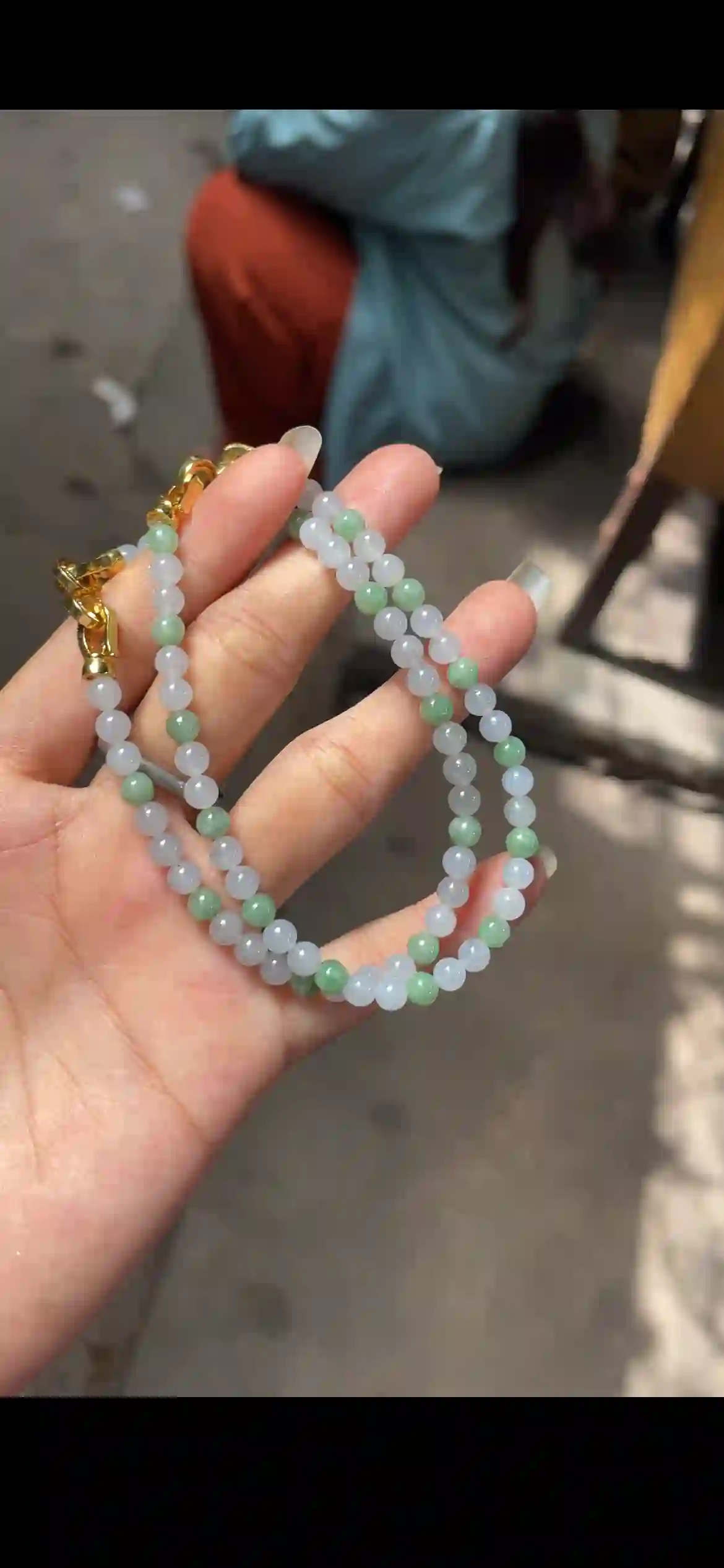Icy White & Pale Green Jade Bead Double-Strand Bracelet with Gold Clasps | Myanmar Jadeite reference #21480001