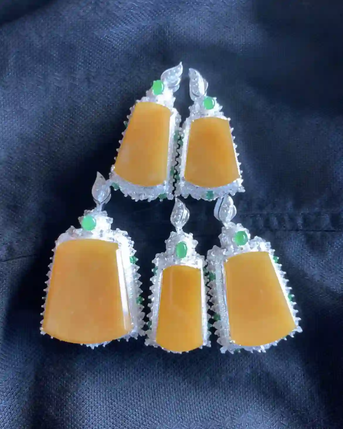 Premium Yellow Jadeite Pendants with Green Accents & Diamond-Set Silver Frames | Myanmar Jadeite reference #2940002