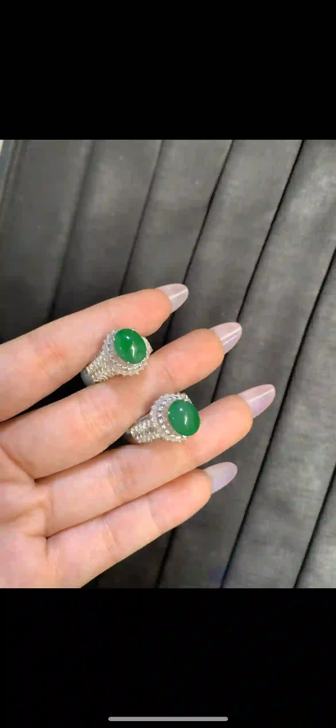 Pair of Vivid Emerald‑Green Jadeite Halo Cocktail Rings | Myanmar Jadeite reference #9120001