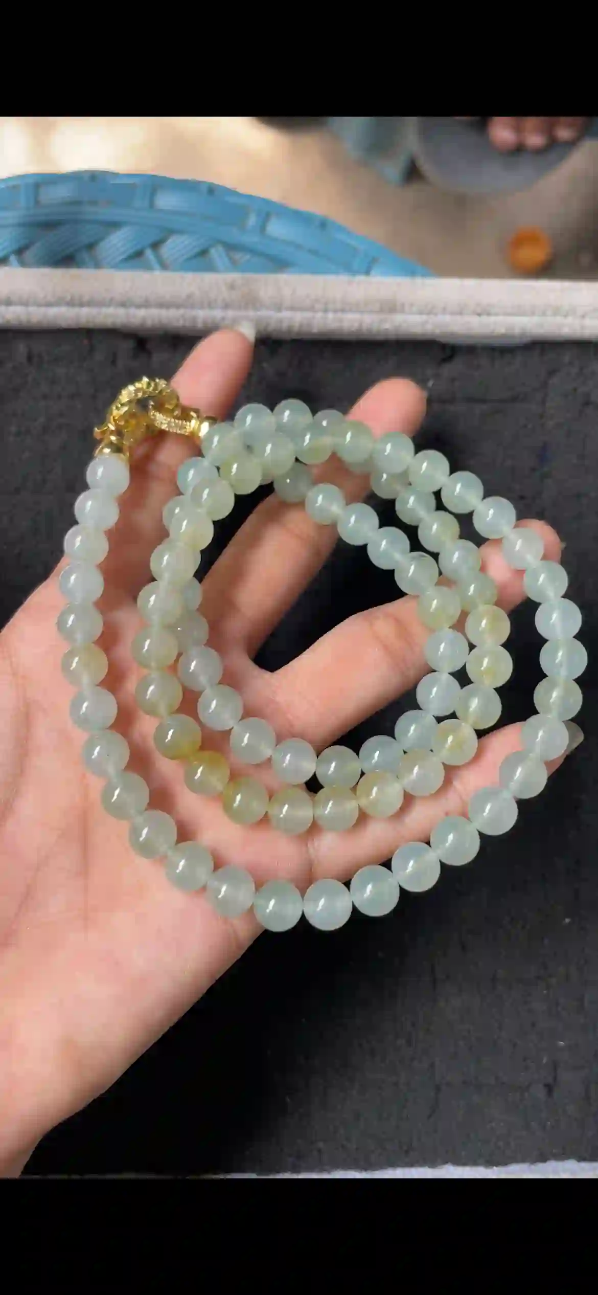 Natural Icy Yellowish Green Jadeite Bead Necklace with Gold Clasp, view 2 | Myanmar Jadeite reference #6690001