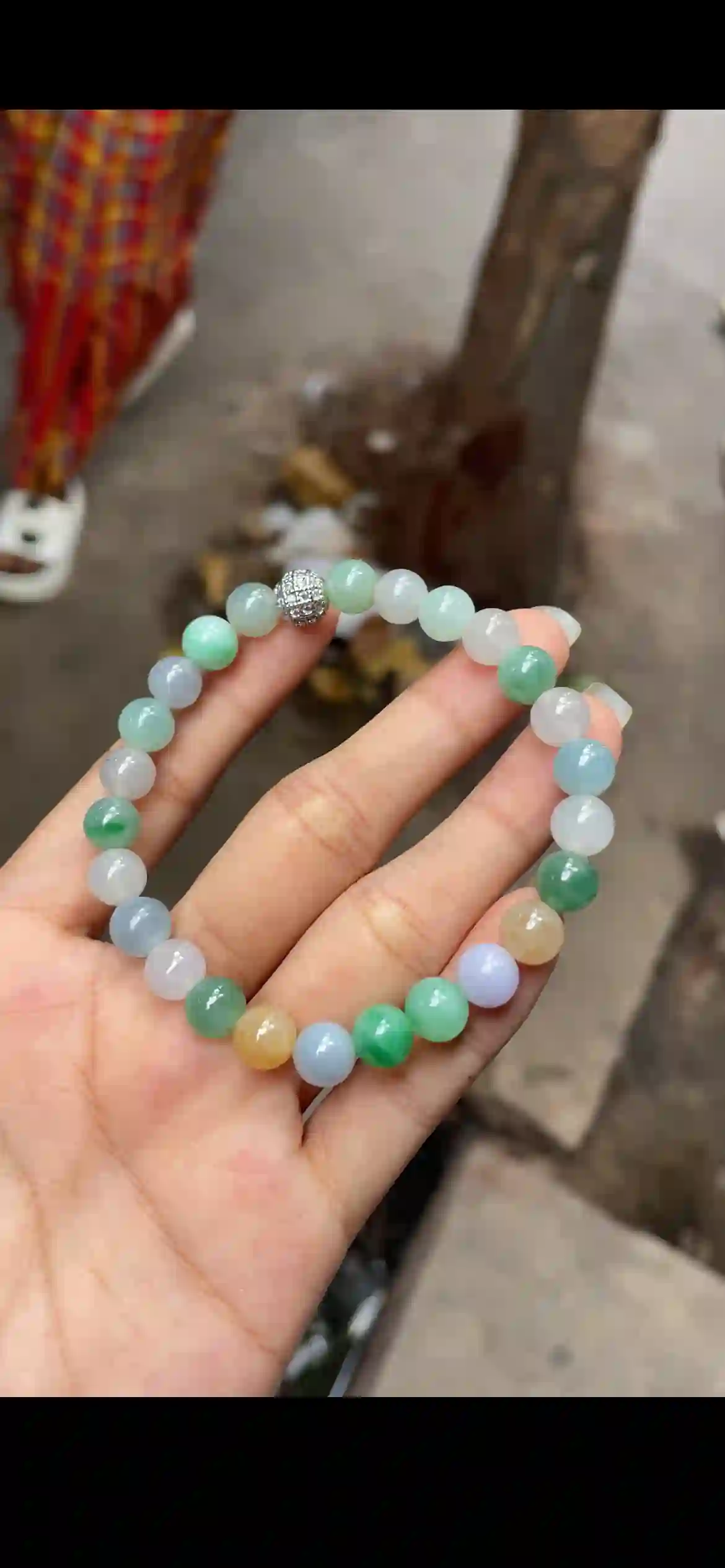 Five-Color Icy Jadeite Beaded Bracelet, view 2 | Myanmar Jadeite reference #12330001
