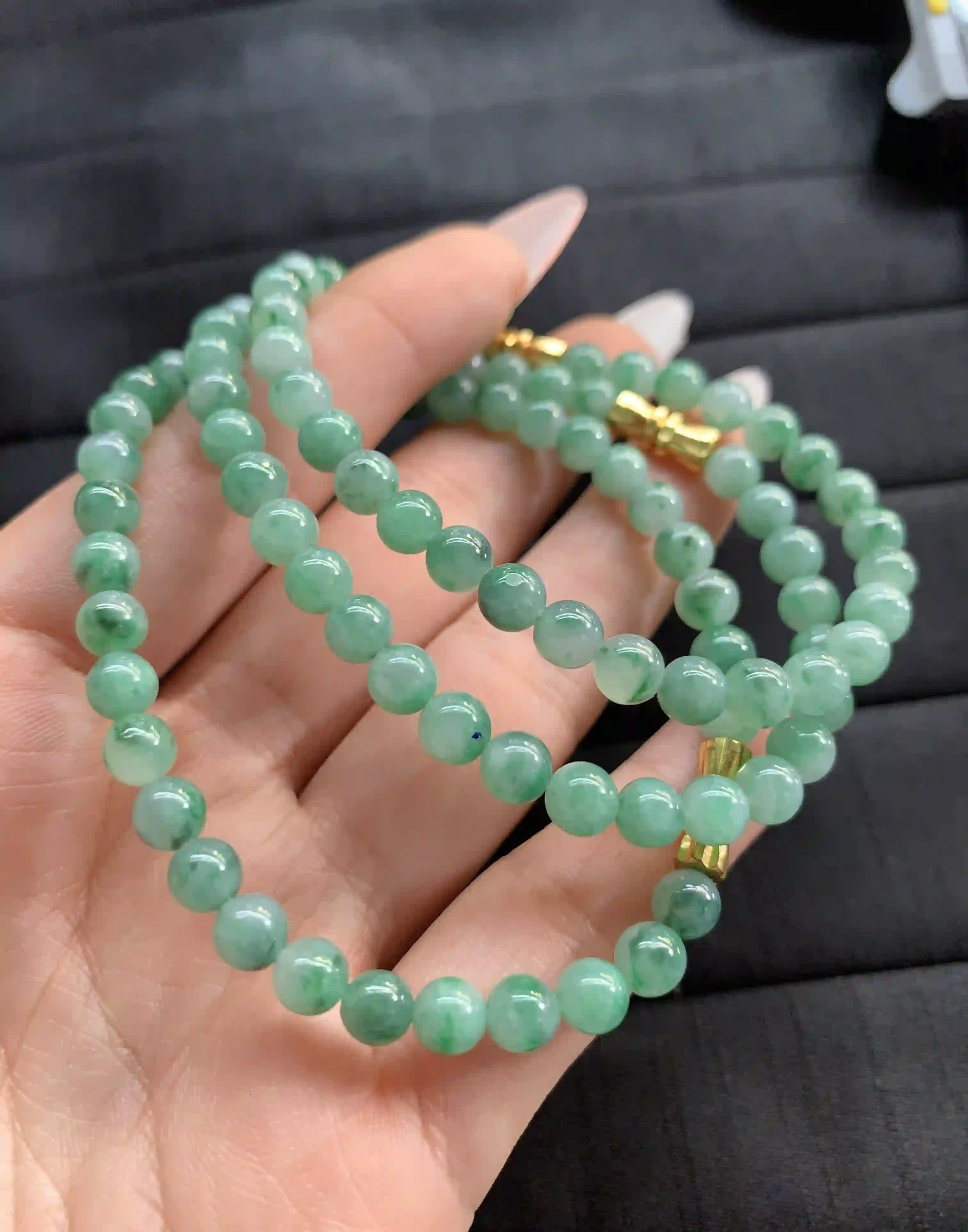  Green Jadeite Multi-Strand Beaded Bracelet Set with Gold Clasps | Myanmar Jadeite reference #1290008