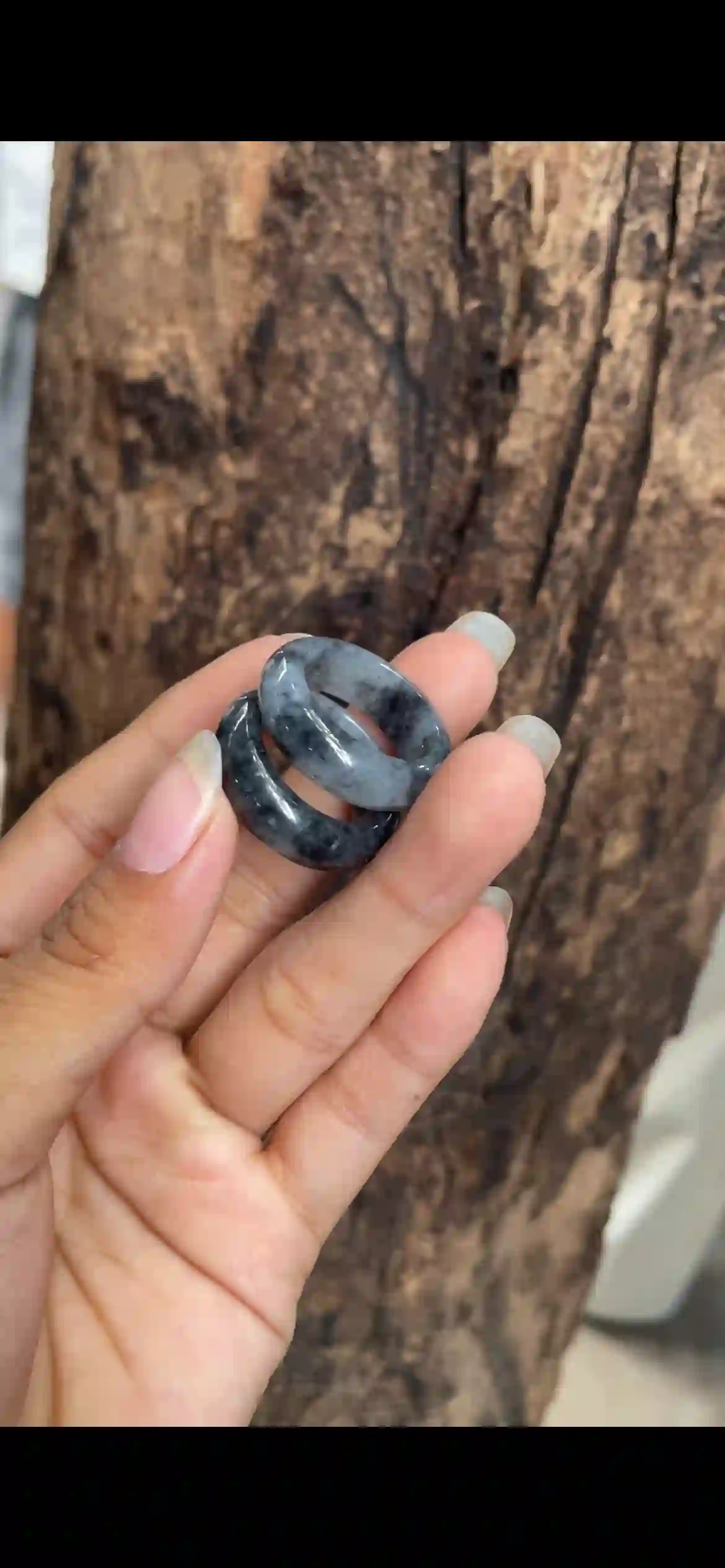 Pair of Icy Black‑Gray “Ink” Jadeite Band Rings | Myanmar Jadeite reference #9360002