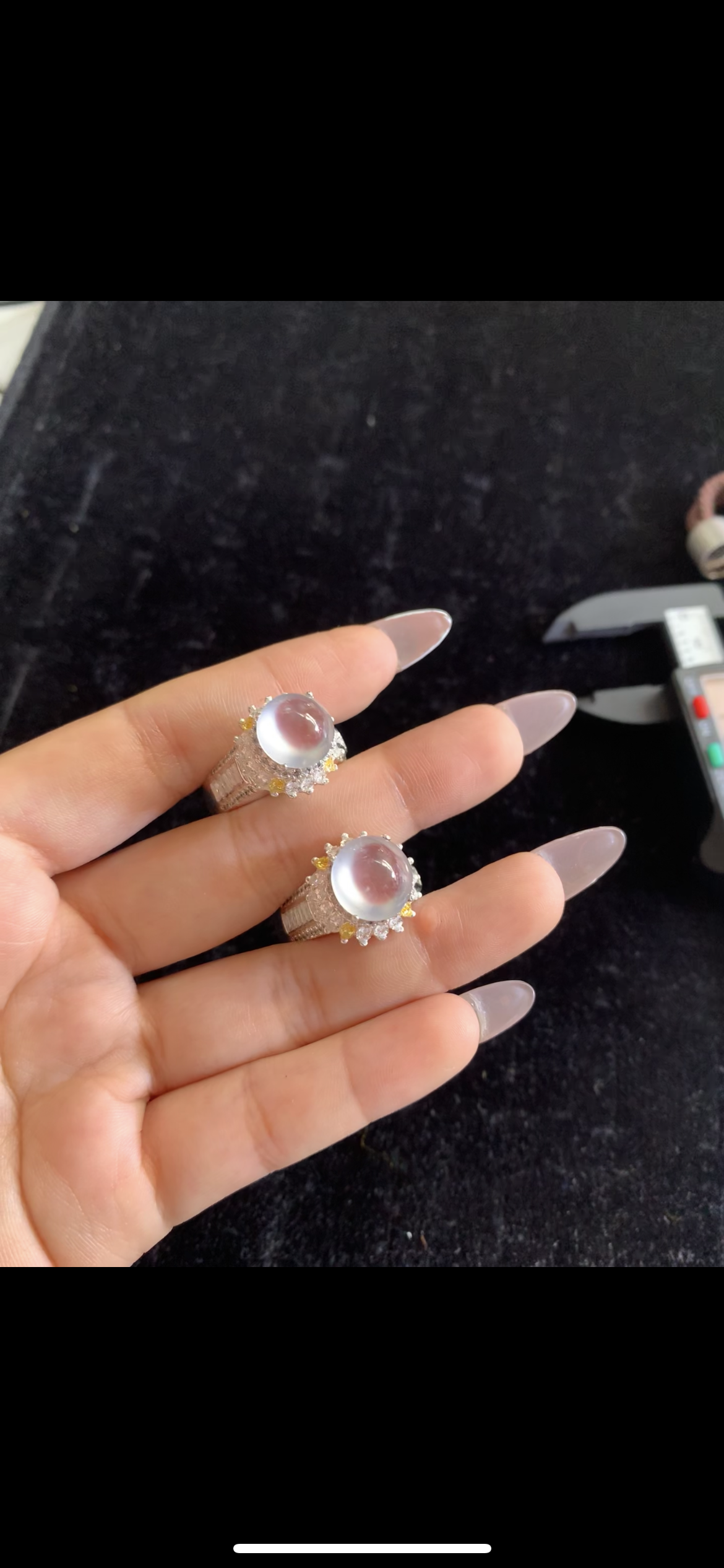 Pair of Icy Lavender Jade Solitaire Rings — Diamond & Yellow Sapphire Halo