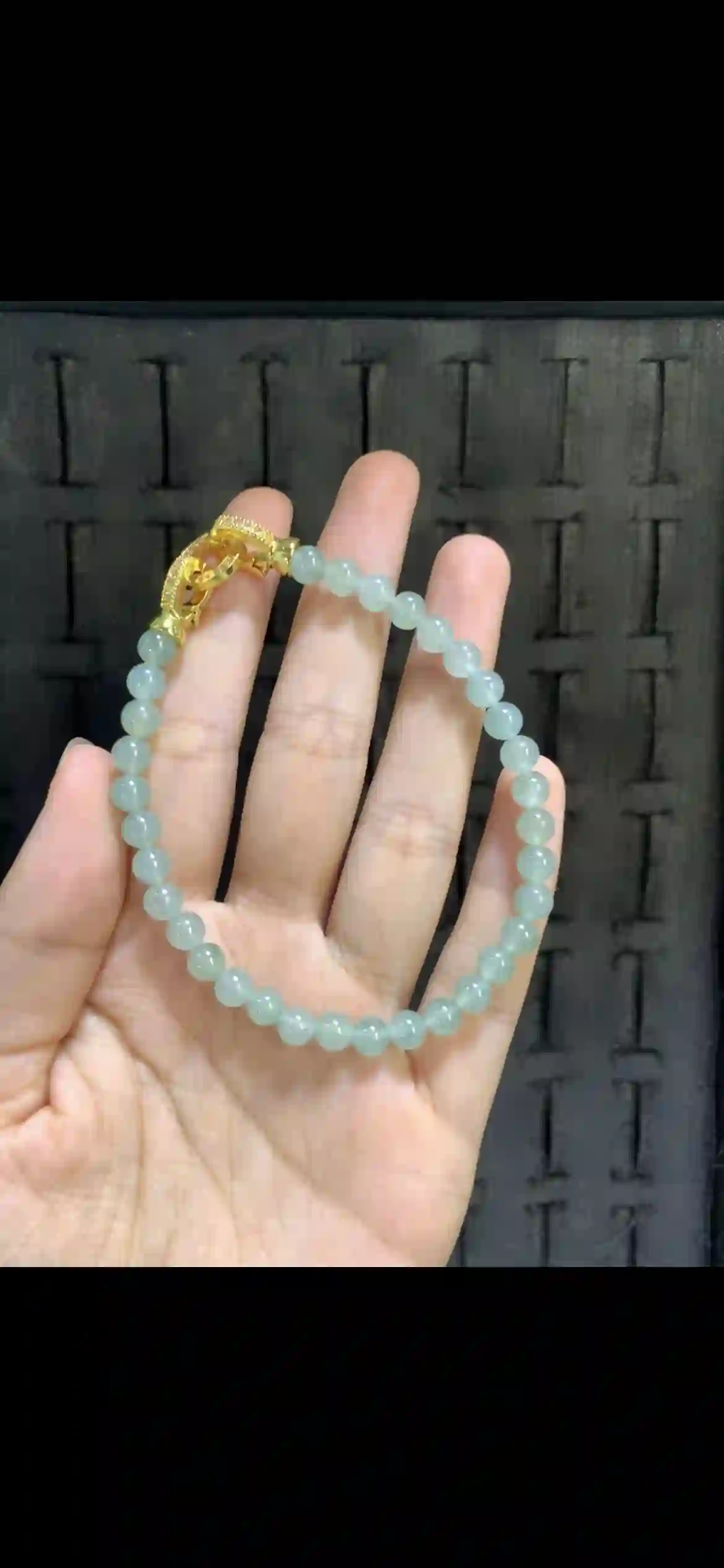 Icy Pale Green Jade Bead Bracelet with Gold Diamond-Accented Clasp, view 2 | Myanmar Jadeite reference #19980001