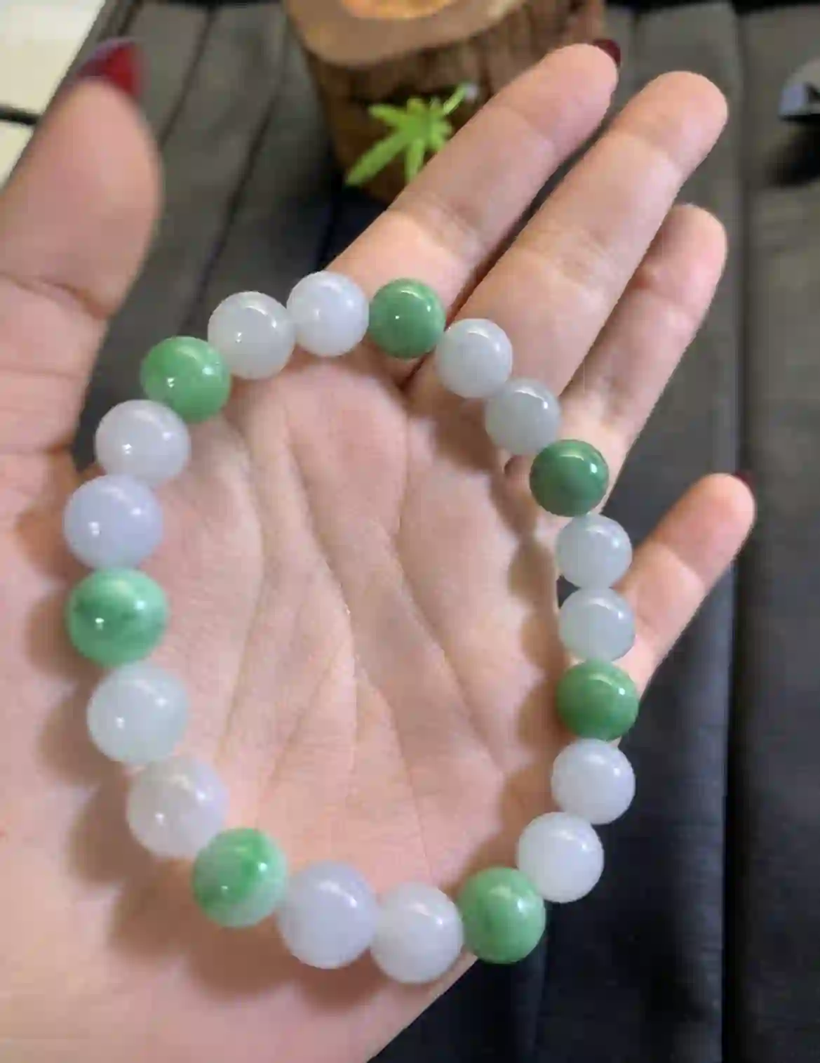 Icy White & Vivid Green Jade Bead Bracelet | Myanmar Jadeite reference #2850007