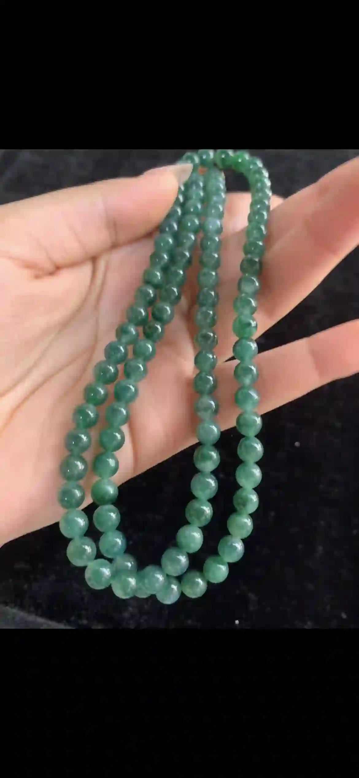 Deep Forest Green Jade Three-Strand Beaded Necklace — Gold Clasp | Myanmar Jadeite reference #29370001
