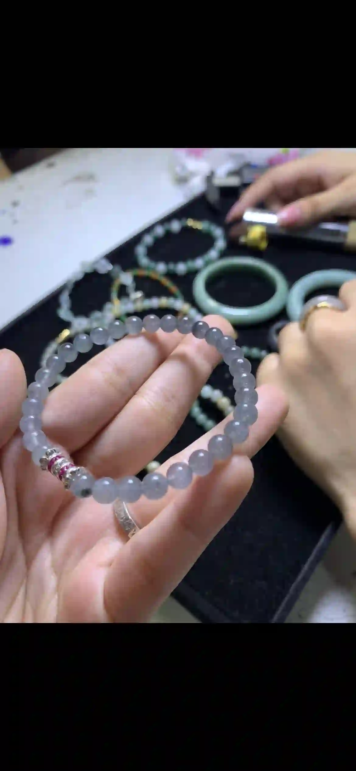 Smoky Grey Icy Jade Bead Bracelet with Crystal & Ruby Accent Spacers | Myanmar Jadeite reference #21150001