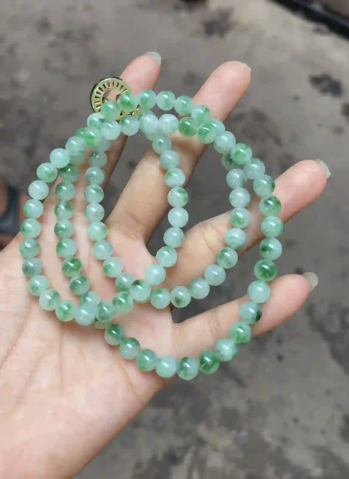  Icy Translucent Green Floral Jadeite Long Beaded Necklace with Gold Plated Clasp | Myanmar Jadeite reference #3390004