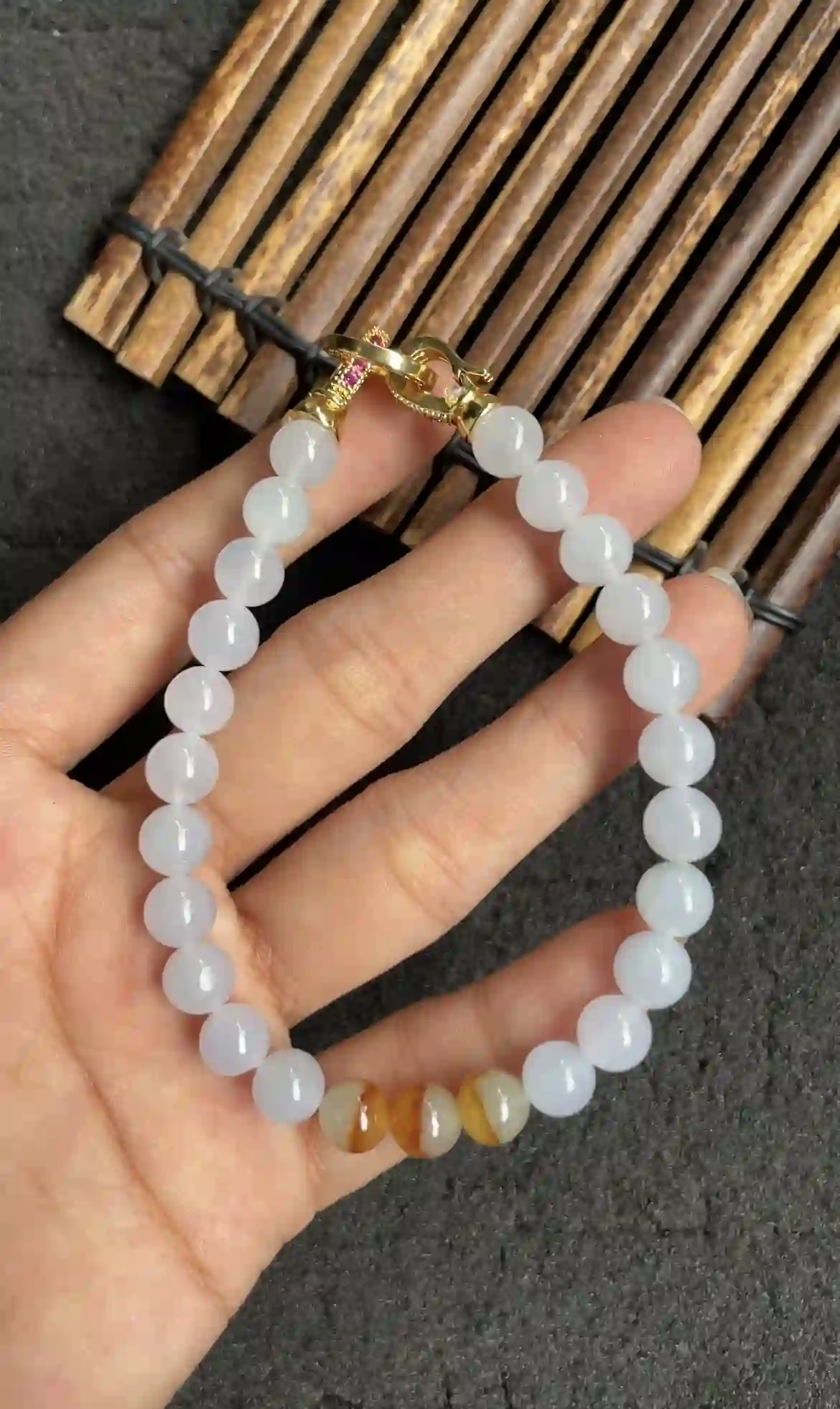 Lavender Jade with Honey Accent Bead Bracelet, view 2 | Myanmar Jadeite reference #2730010