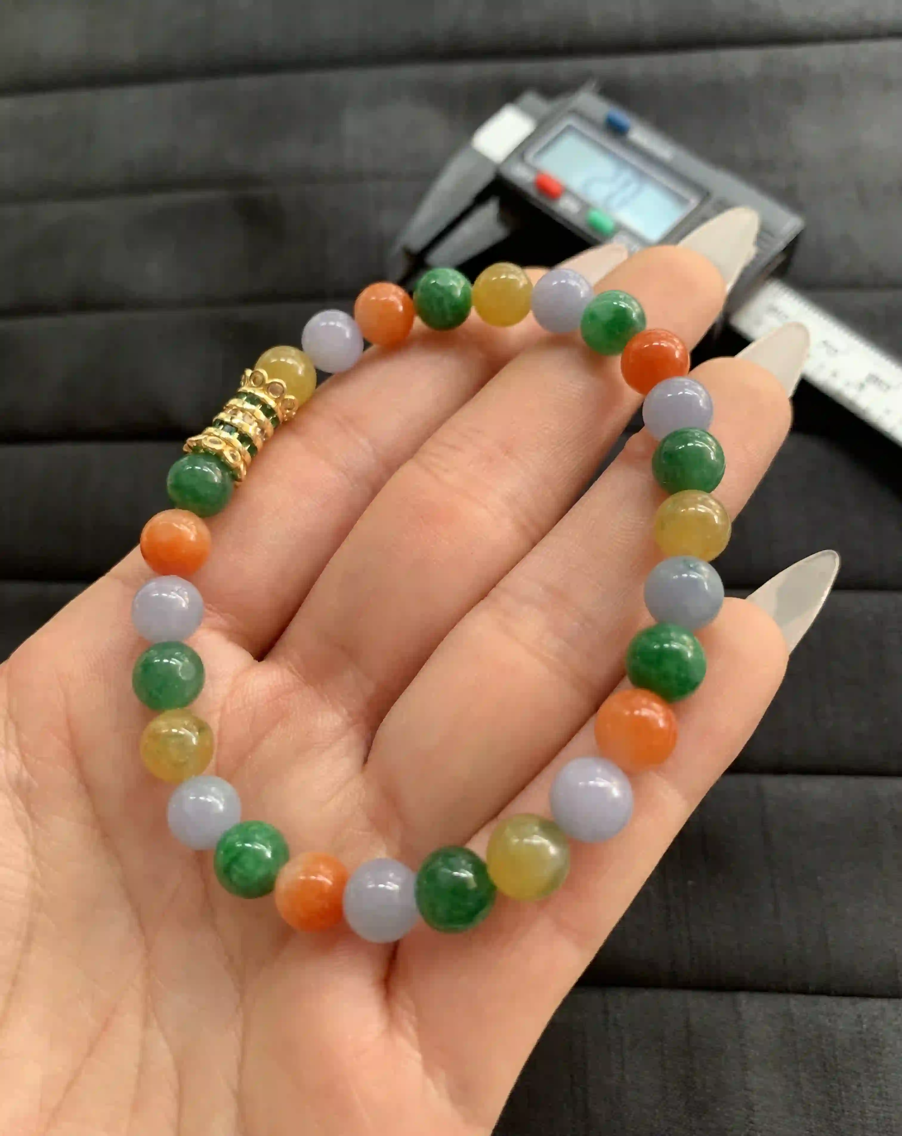Colorful Multi-Hue Jade Beaded Bracelet with Gold Accent, view 2 | Myanmar Jadeite reference #1260006