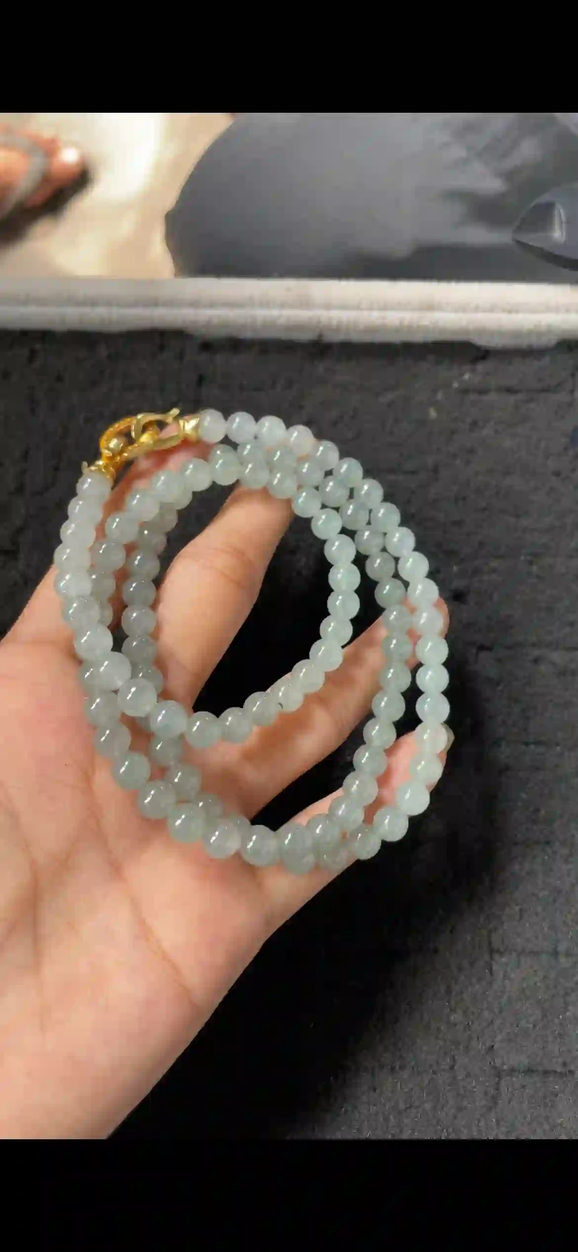   Natural Icy Pale Green Jadeite Bead Necklace with Gold Clasp, view 2 | Myanmar Jadeite reference #6690003