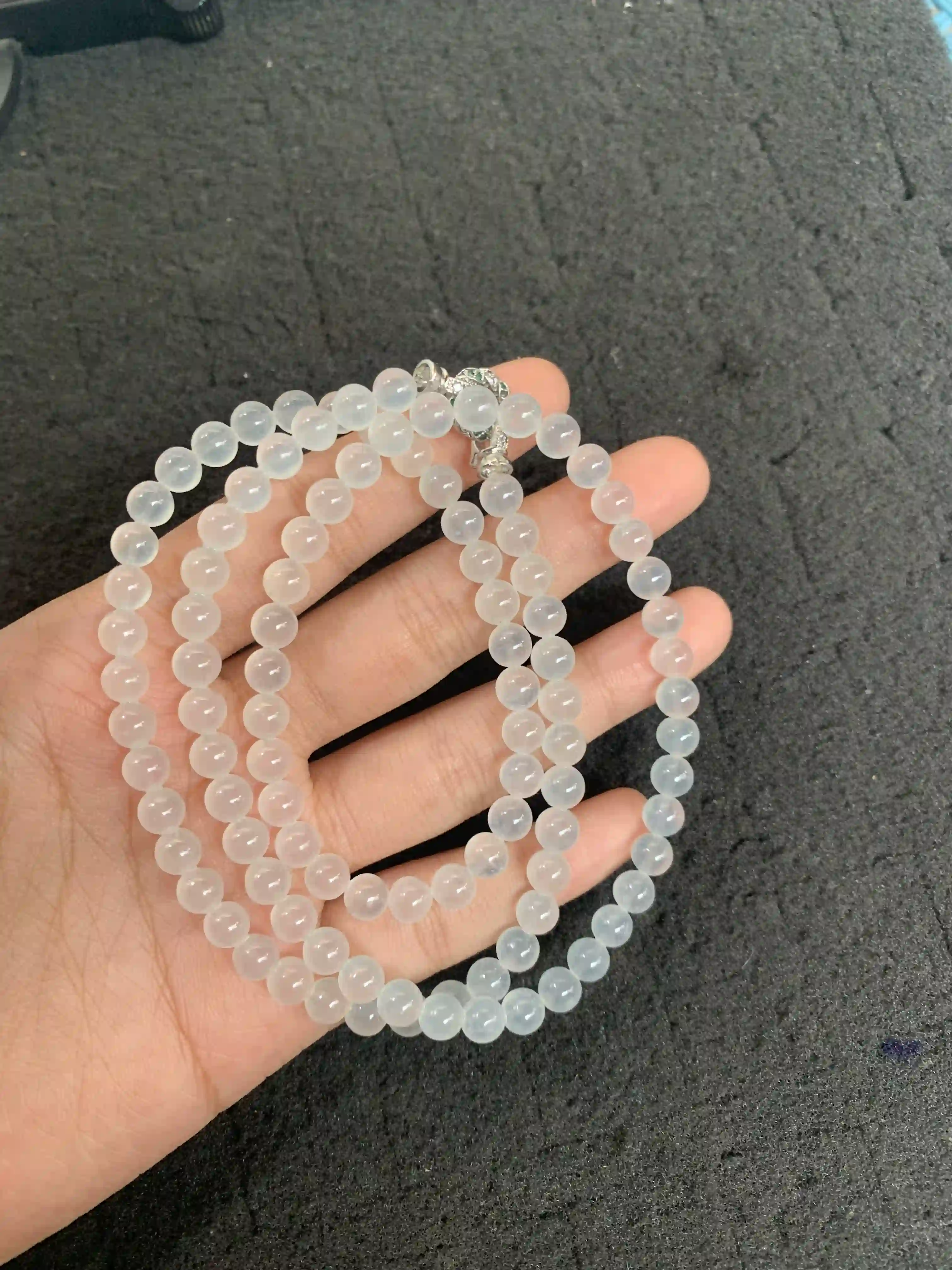 Translucent White Jade Bead Strand with Silver-Toned Accent | Myanmar Jadeite reference #1380002