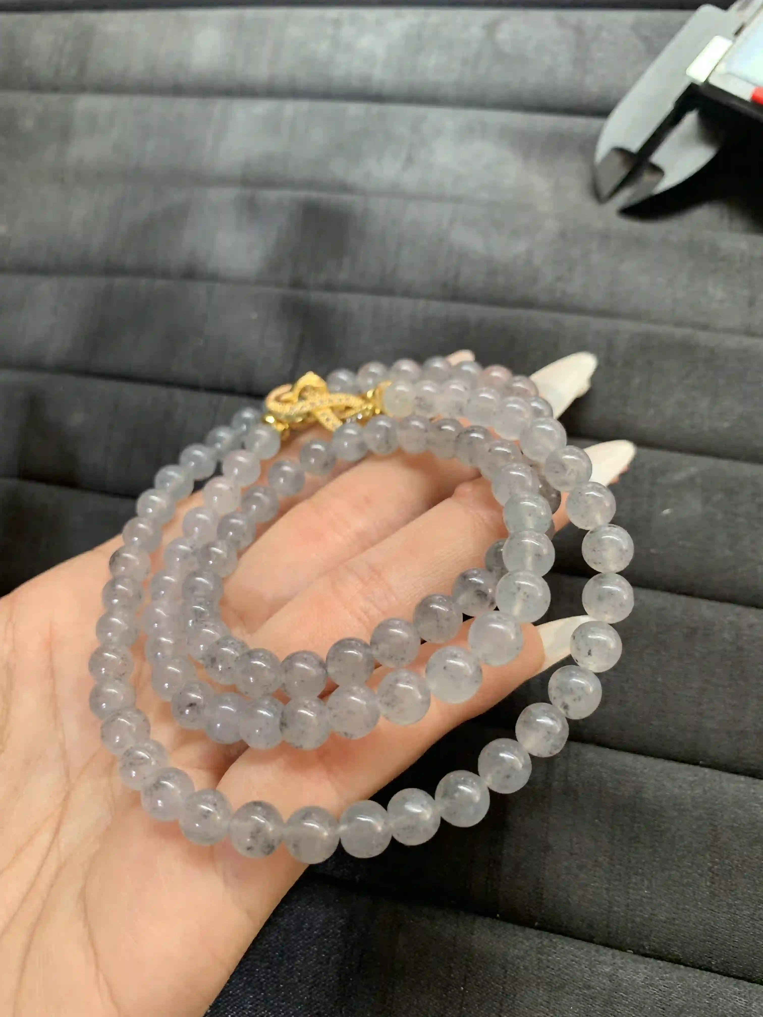 Grey Quartz Beaded Multi-layer Bracelet with Gold Accent | Myanmar Jadeite reference #1560001