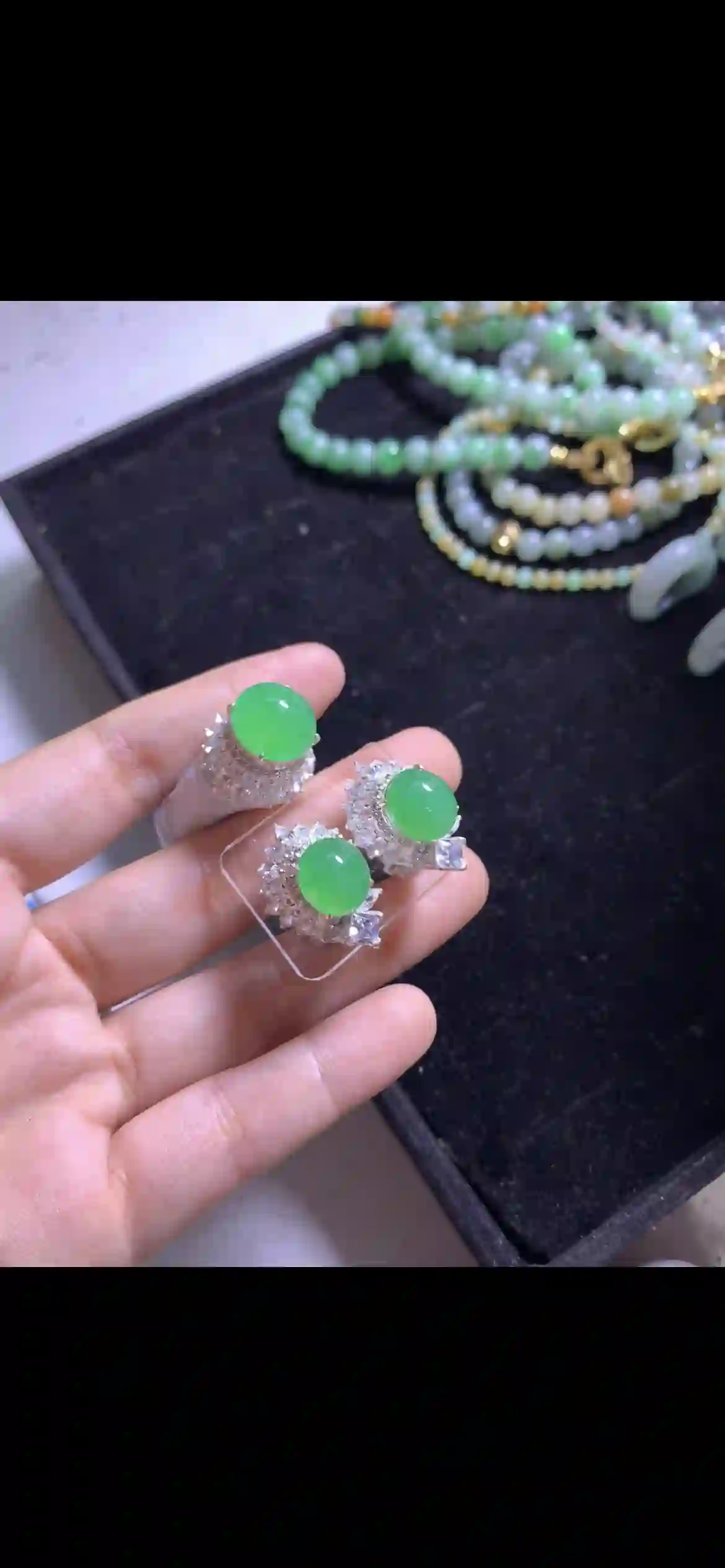 Vivid Green Jadeite Halo Jewelry Set, view 2 | Myanmar Jadeite reference #17070001