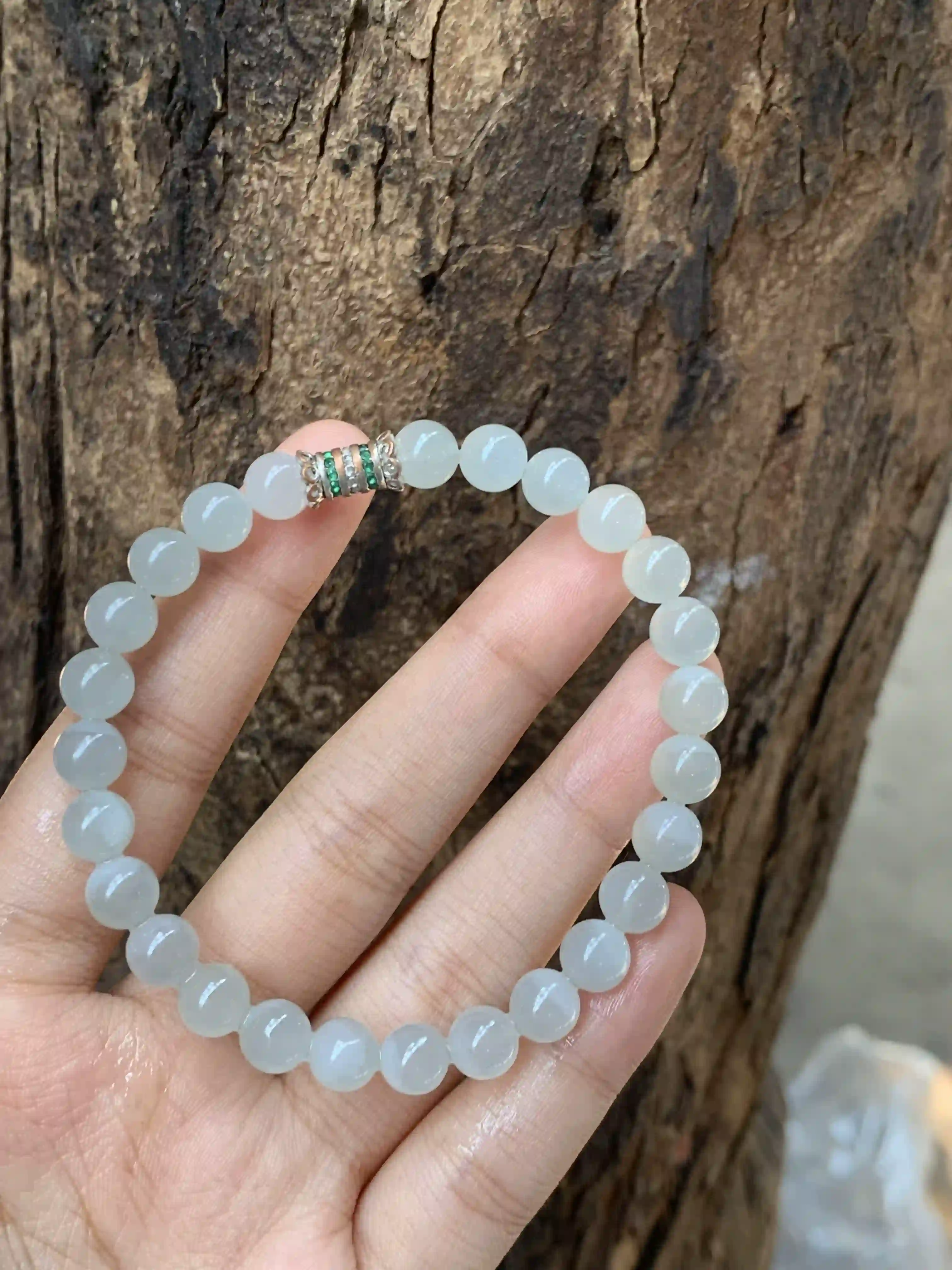 Natural Icy White Jade Beaded Bracelet, view 2 | Myanmar Jadeite reference #2220010