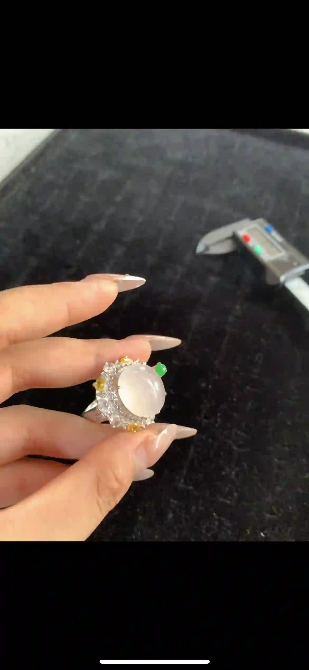 Icy White Jade Cabochon Ring with Multi-Color Gem Accents | Myanmar Jadeite reference #30750001