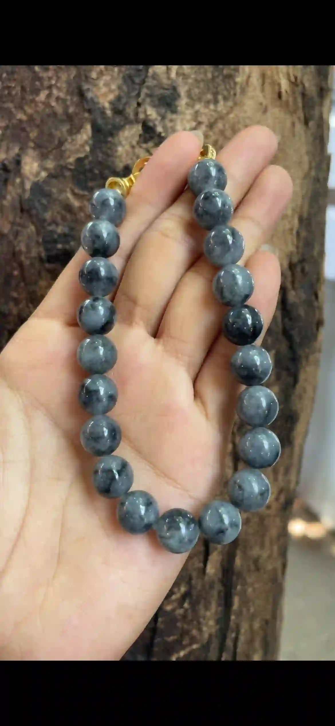  Icy Black‑Gray "Wuji" Jadeite Bead Bracelet with Gold Clasp, view 2 | Myanmar Jadeite reference #9900001