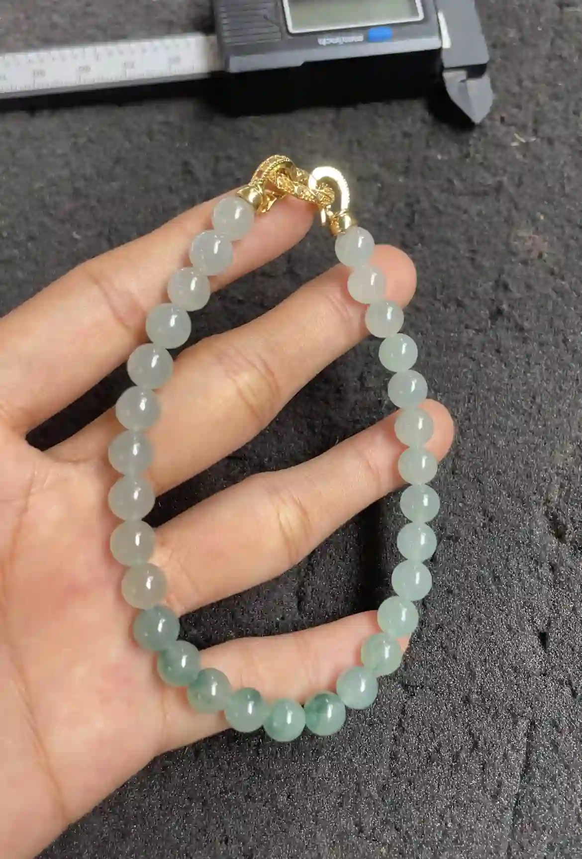 Natural Icy Green Jade Bead Bracelet with Gold Clasp, view 2 | Myanmar Jadeite reference #2490003
