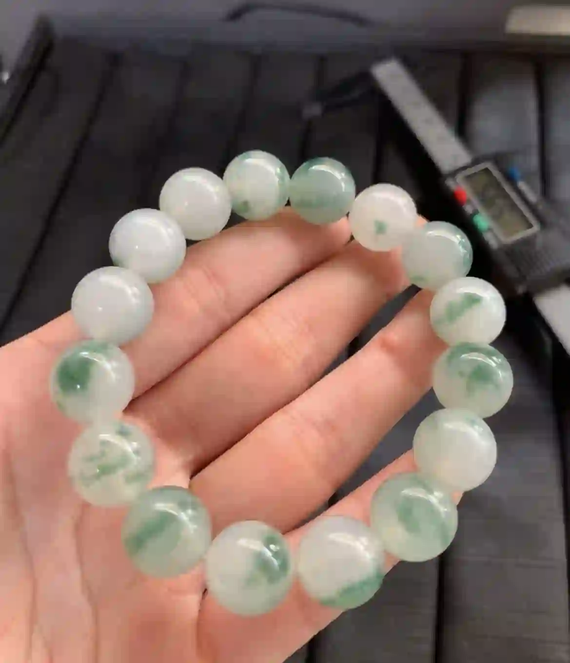 Natural Icy White Jade Bracelet with Green Floating Flowers | Myanmar Jadeite reference #2610005