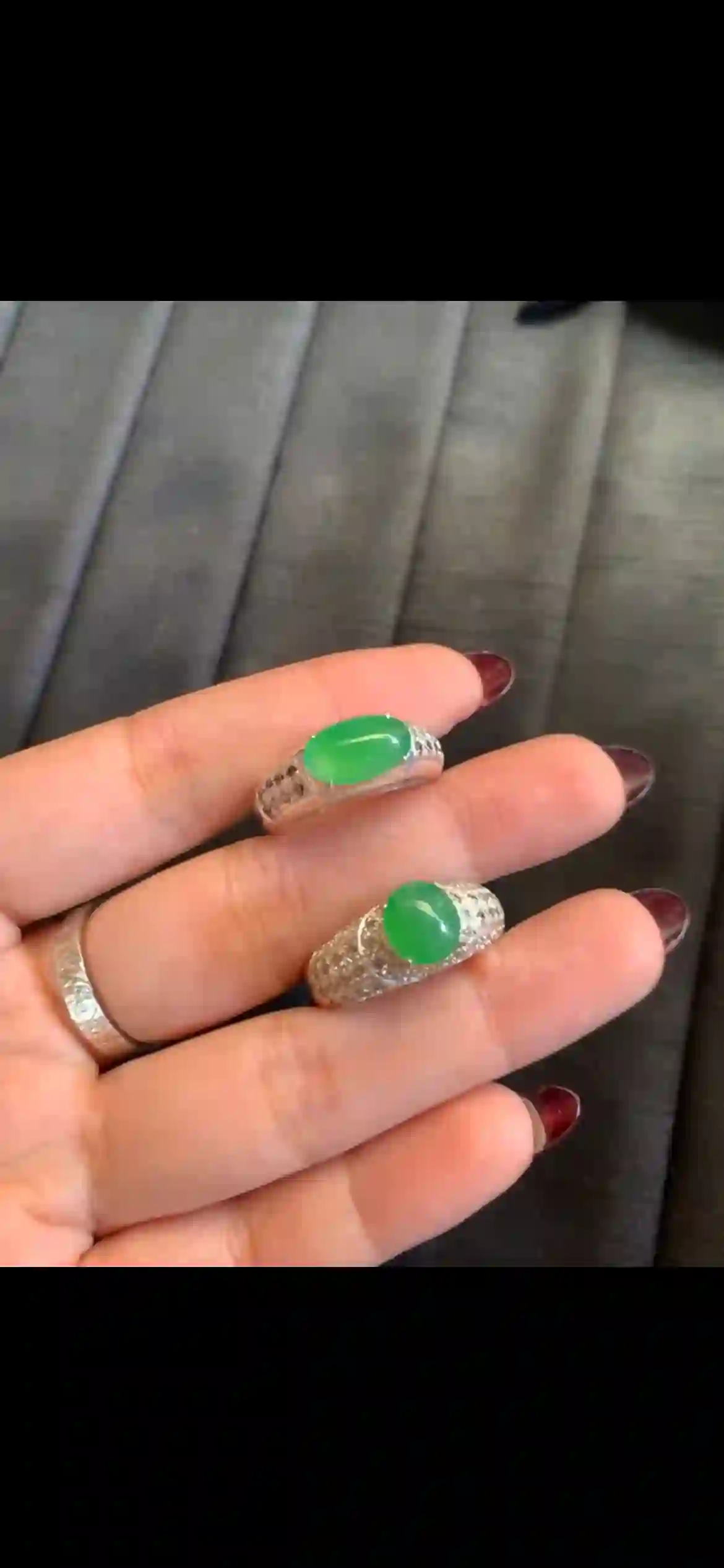  Pair of Natural Icy Green Jadeite Cabochon Rings with Diamond Accents, view 2 | Myanmar Jadeite reference #6750001