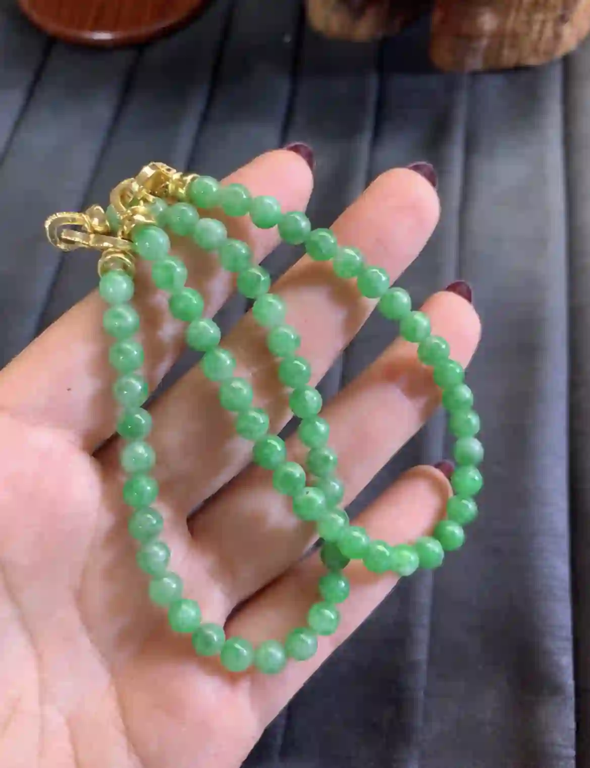 Vibrant Green Floating Pattern Jade Double-Layer Bracelet with Gold Clasp, view 2 | Myanmar Jadeite reference #2910004