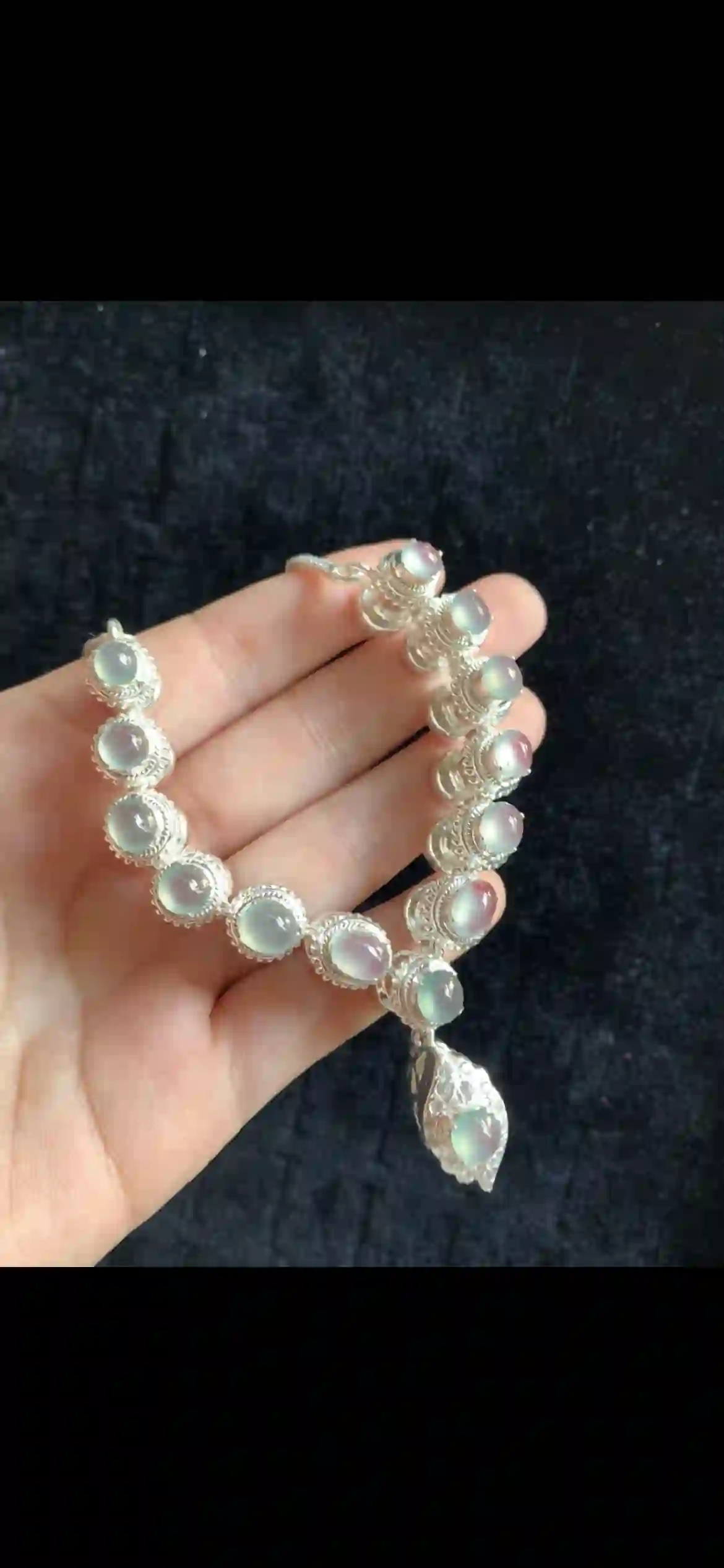 Icy Moonlight Jade Gradient Bracelet — Pastel Celadon & Blush in Silver | Myanmar Jadeite reference #33750001