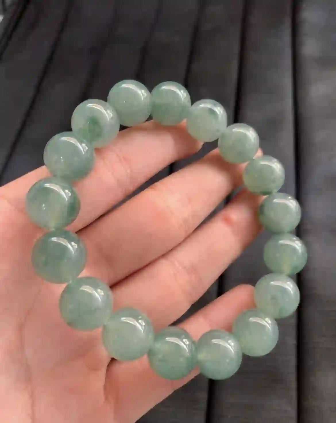 Natural Icy Green Jade Bead Bracelet with Floating Patterns | Myanmar Jadeite reference #2610004