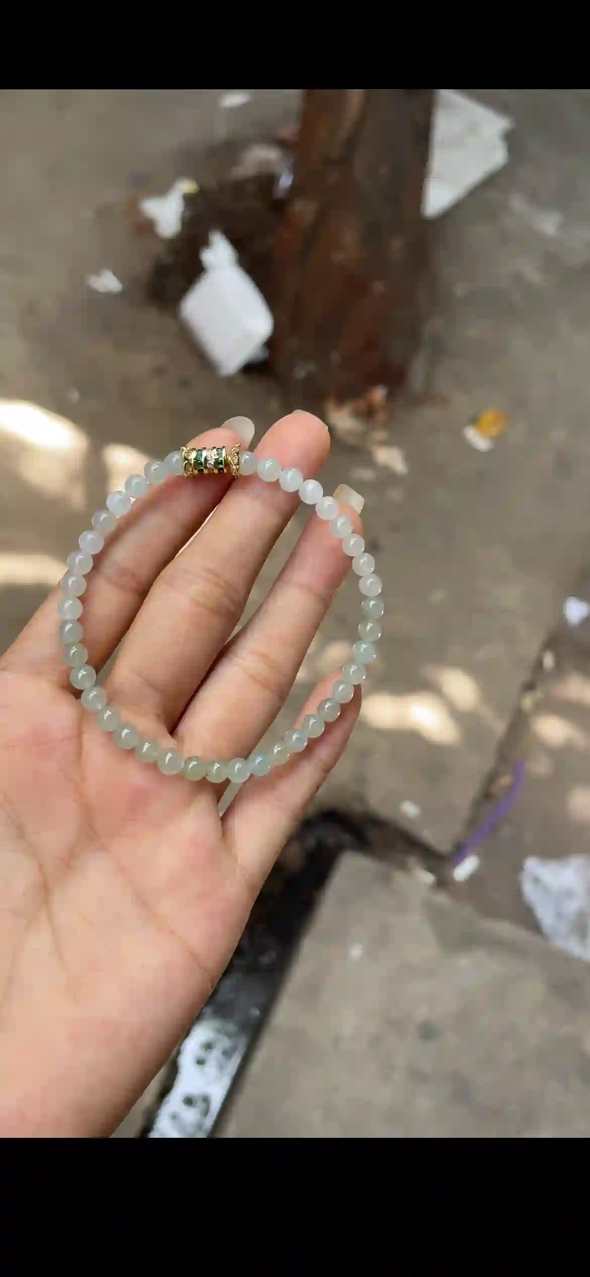 Delicate Icy Pale Green Jade Bead Bracelet with Gold Decorative Clasp, view 2 | Myanmar Jadeite reference #18660001