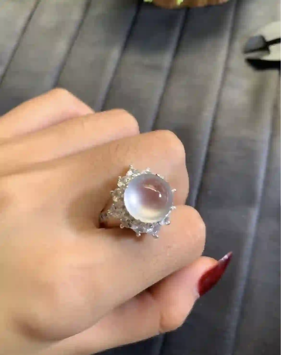 Icy Glassy White Jade Cabochon Halo Ring | Myanmar Jadeite reference #2850005