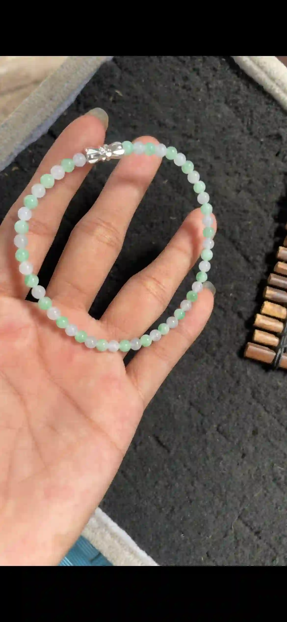 Dainty Icy Green & White Jade Bead Bracelet with Silver Bow Clasp, view 2 | Myanmar Jadeite reference #5010001