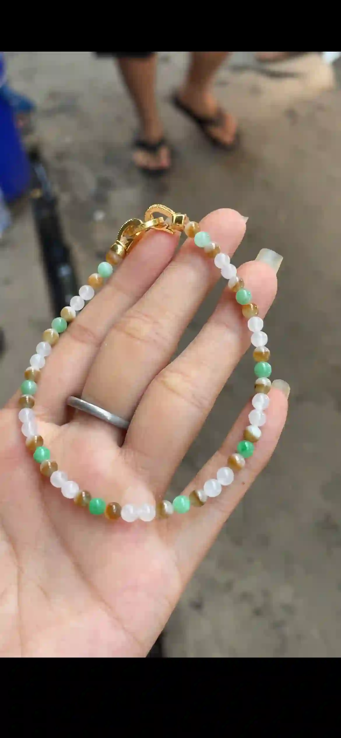 Tri-Color Jade Bead Bracelet — White, Green & Honey Amber with Gold Clasp | Myanmar Jadeite reference #21570001