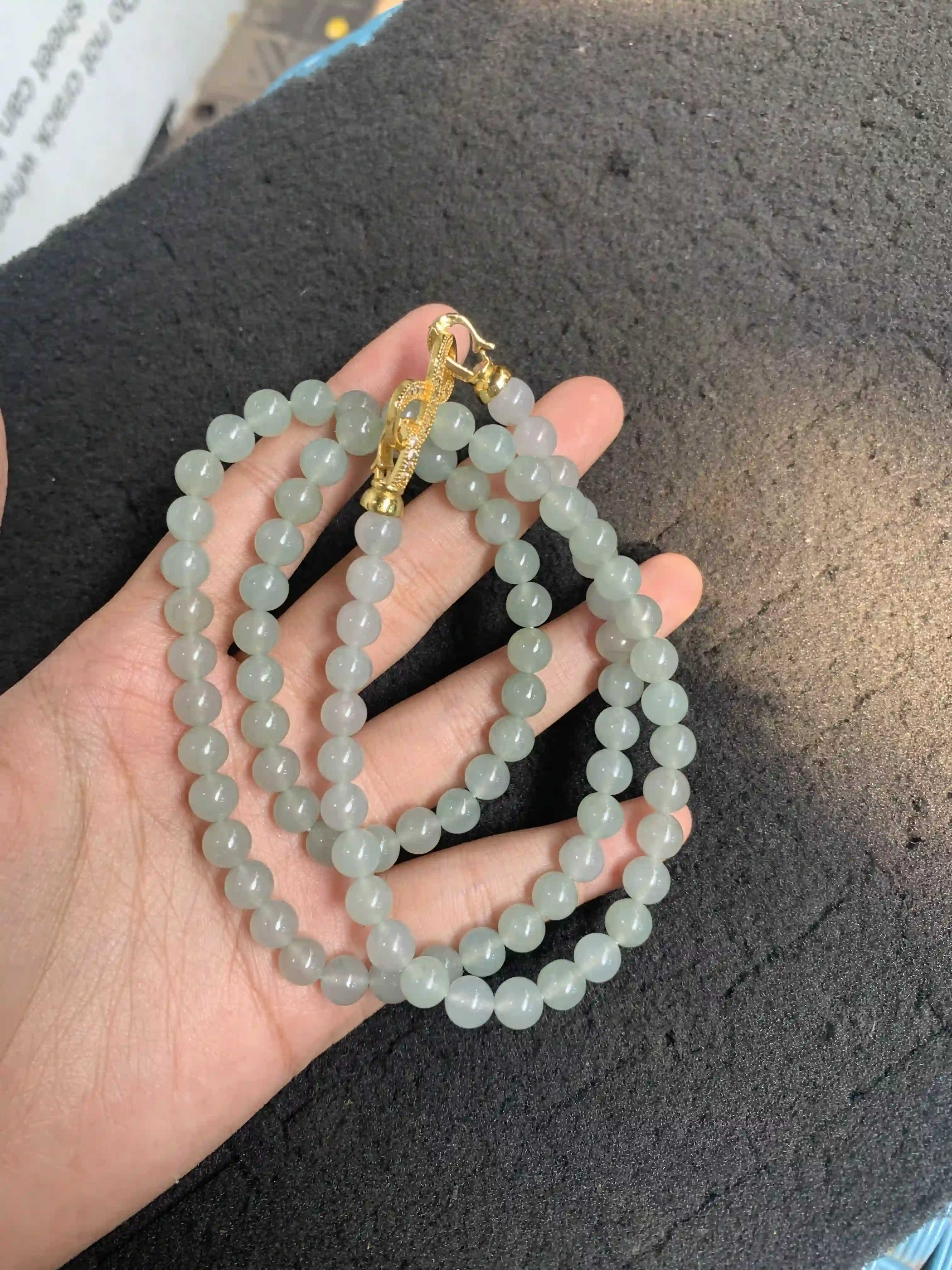 Multi-Strand Light Green Jade Beaded Necklace with Gold Clasp | Myanmar Jadeite reference #1260004