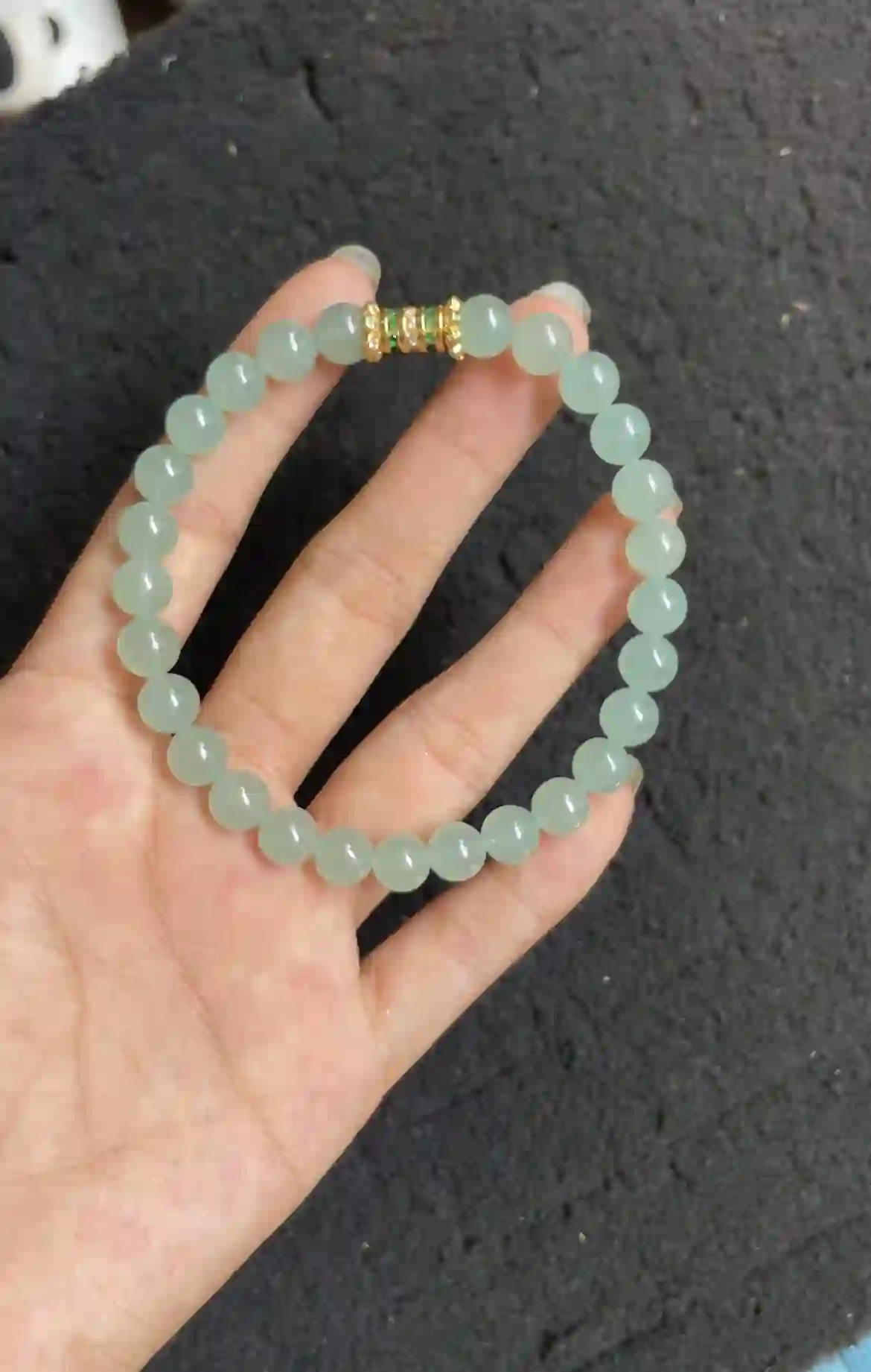 Icy Pale Green Translucent Jadeite Beaded Bracelet with Gold Plated Gemstone Accent | Myanmar Jadeite reference #3780001