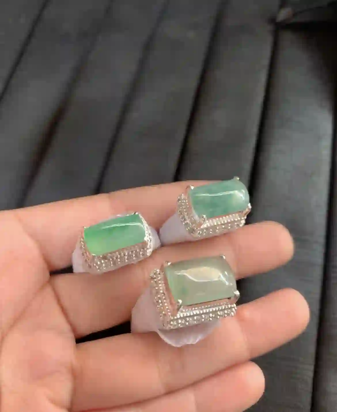   Natural Icy Green Jade Saddle Ring Set with Diamond Accents, view 2 | Myanmar Jadeite reference #2580002