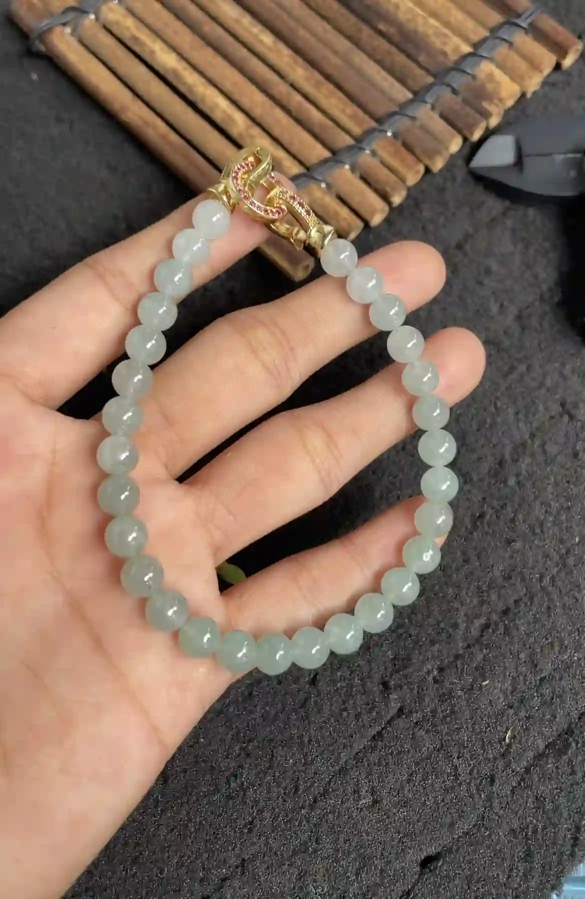  Natural Icy Green Jadeite Beaded Bracelet with Gold Clasp, view 2 | Myanmar Jadeite reference #2430007