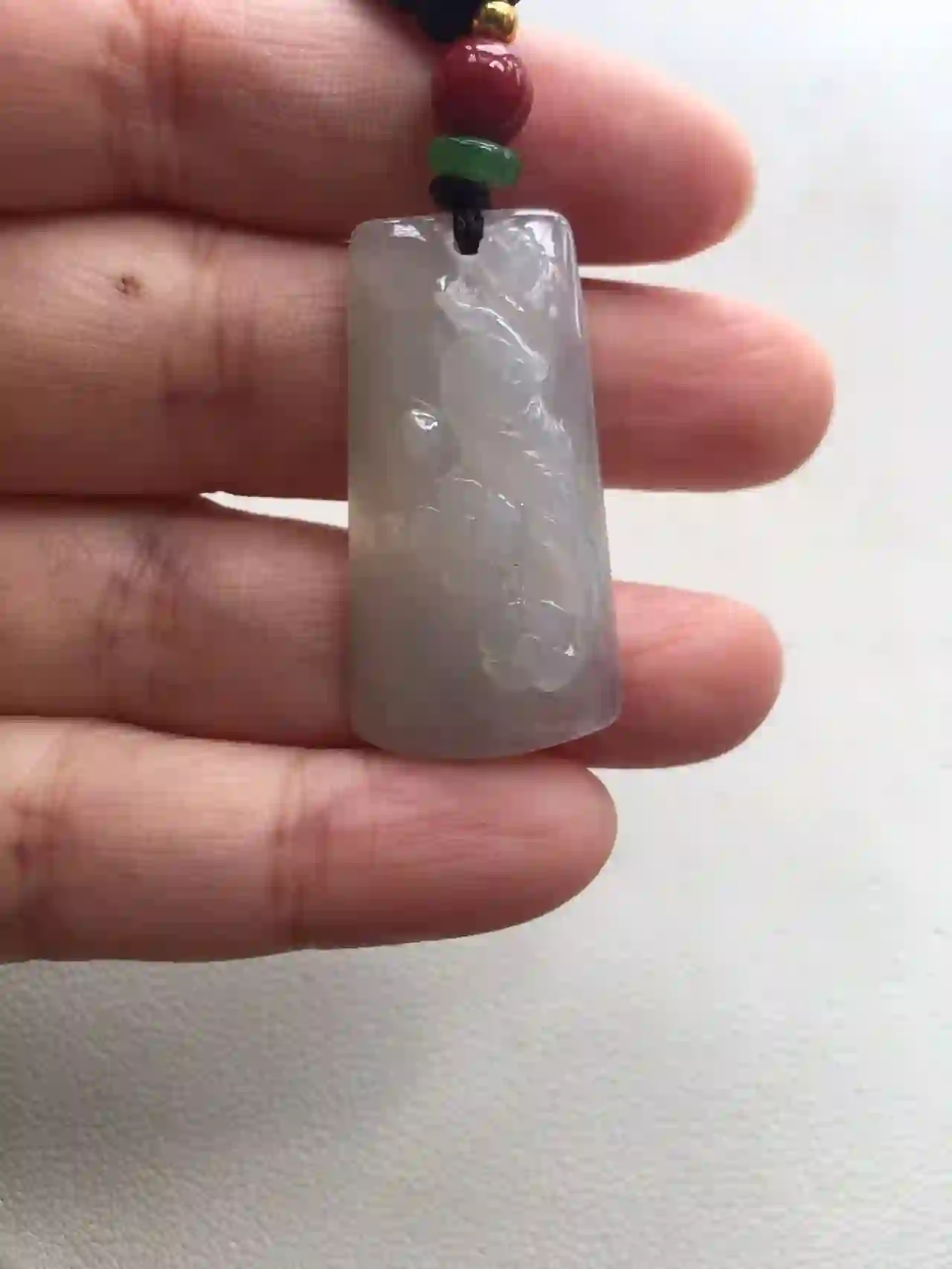  Icy Jade Pendant with Plum Blossom Carving, view 2 | Myanmar Jadeite reference #2070008