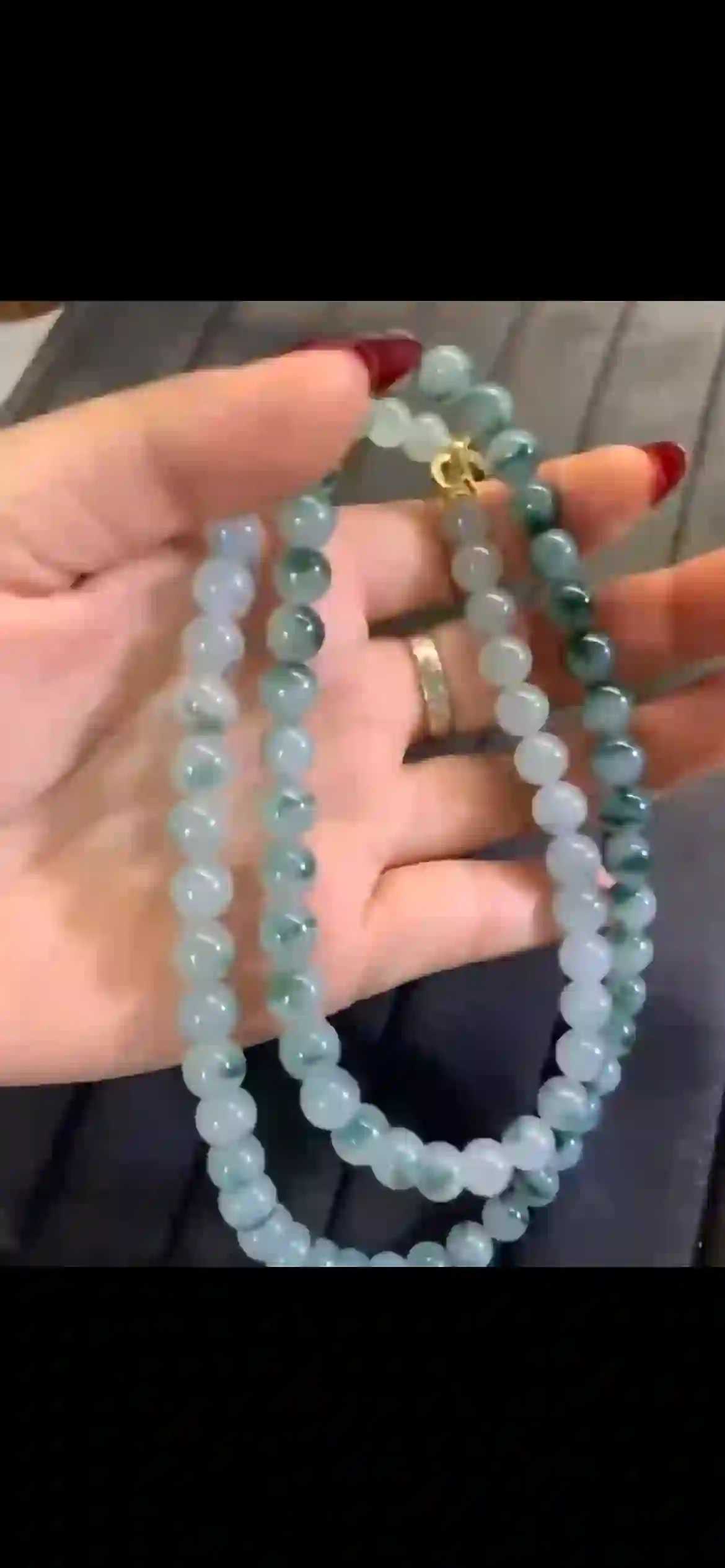   Icy Floating Blue Flower Jadeite Beaded Multi-Strand Bracelet with Gold Clasp, view 2 | Myanmar Jadeite reference #4620003