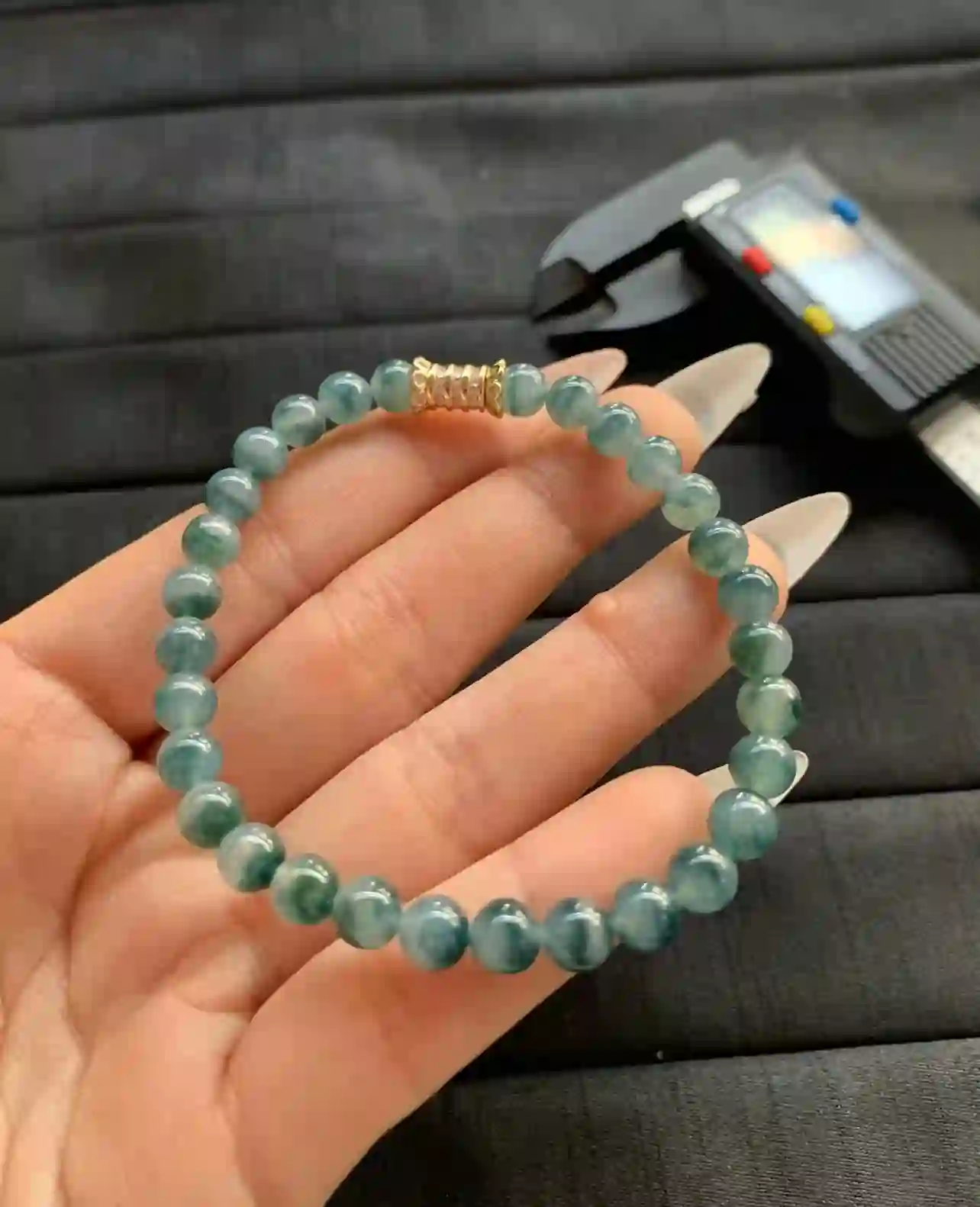 Translucent Teal Jade Bead Bracelet with Gold Clasp, view 2 | Myanmar Jadeite reference #1320007