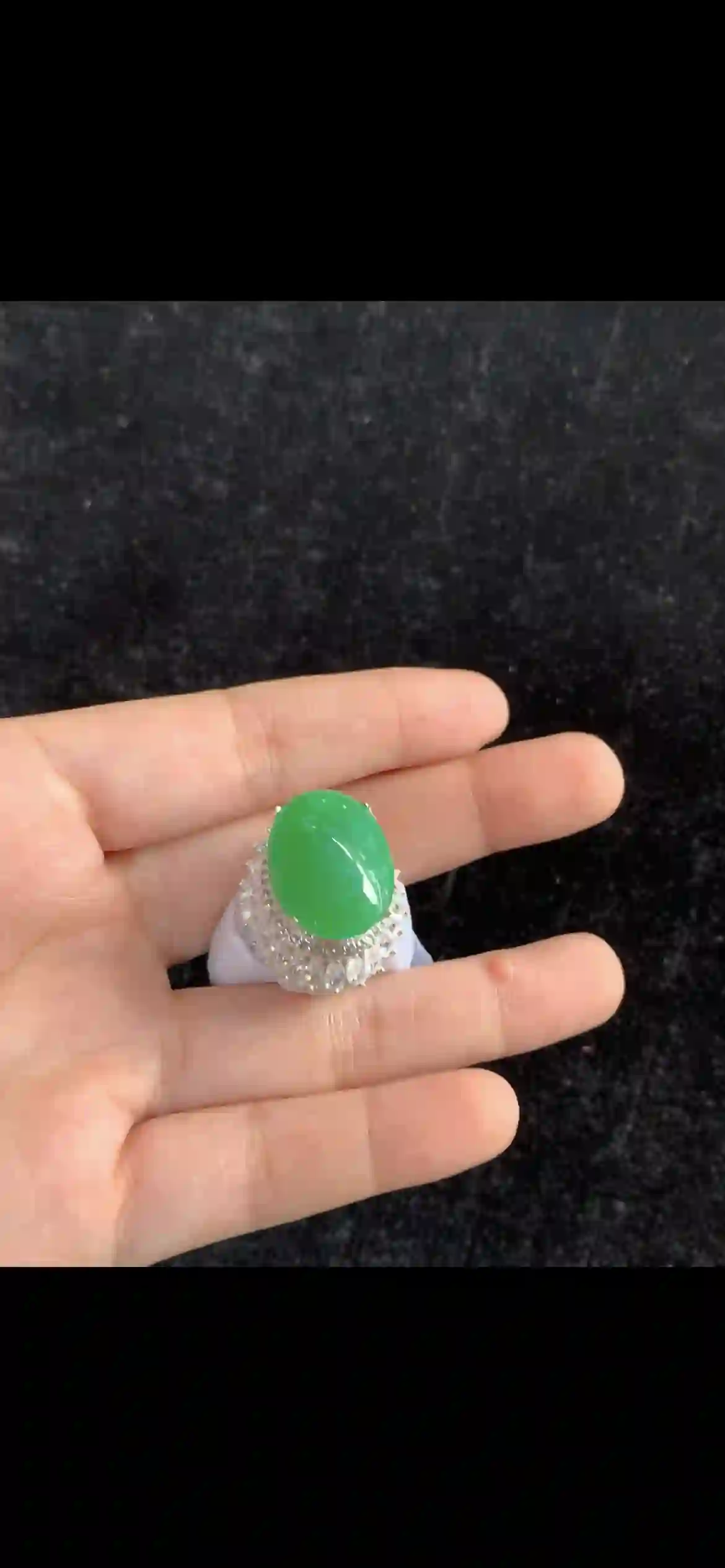 Elegant Oval Cabochon Apple Green Jade Ring — Double Diamond Halo Setting | Myanmar Jadeite reference #34200001