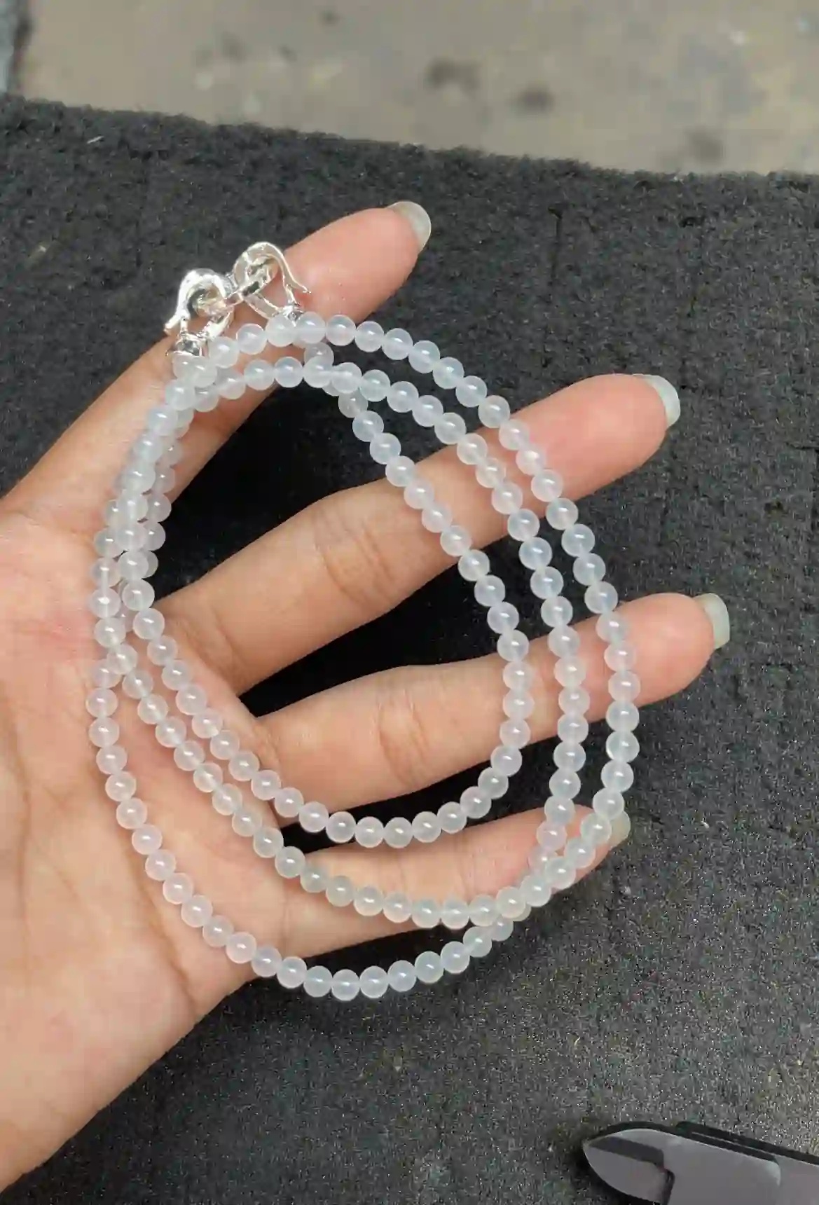   Icy Translucent White Jadeite Multi-Layer Beaded Bracelet with Silver Clasp, view 2 | Myanmar Jadeite reference #3930002