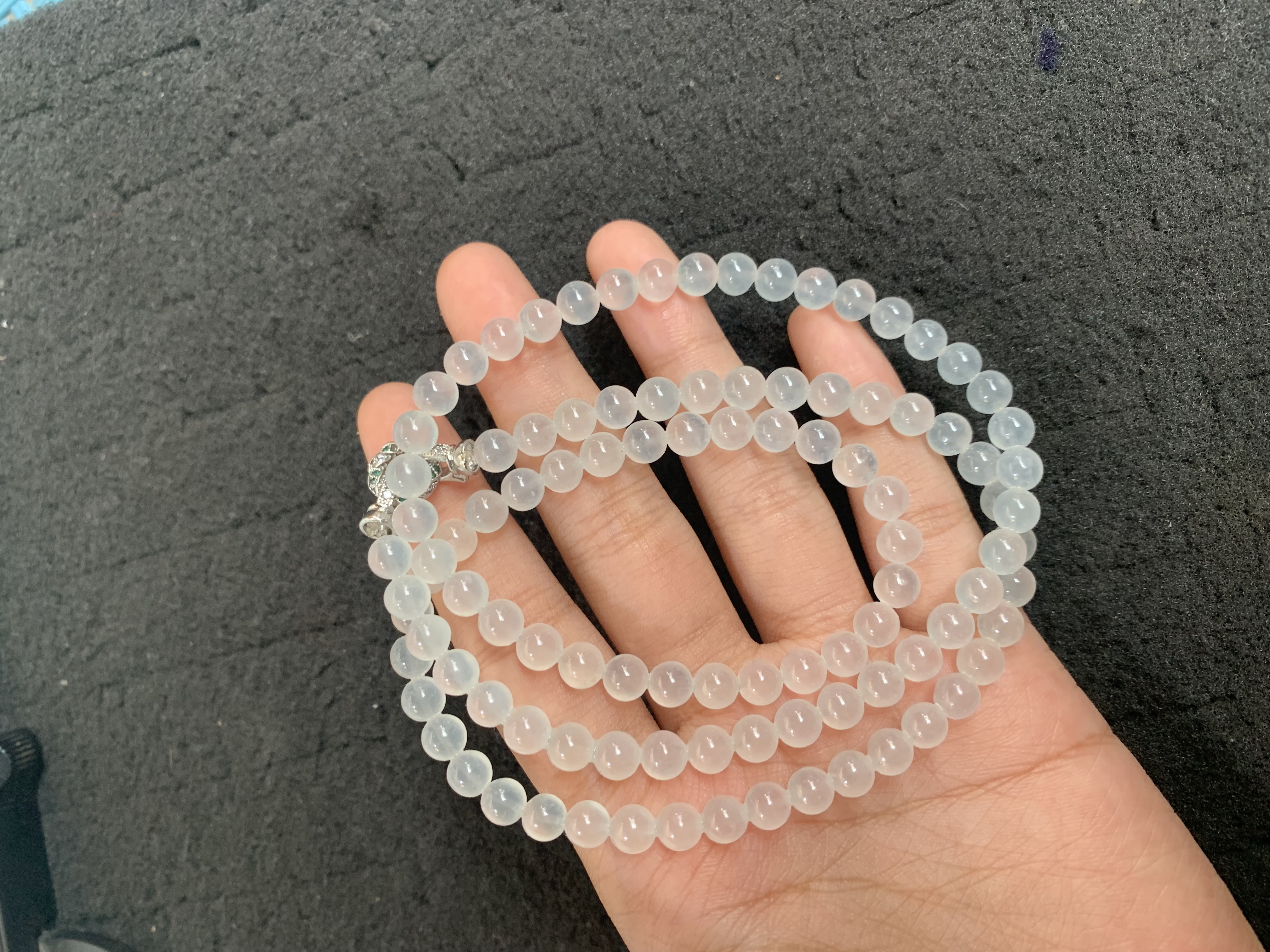 Translucent White Jade Bead Strand with Silver-Toned Accent