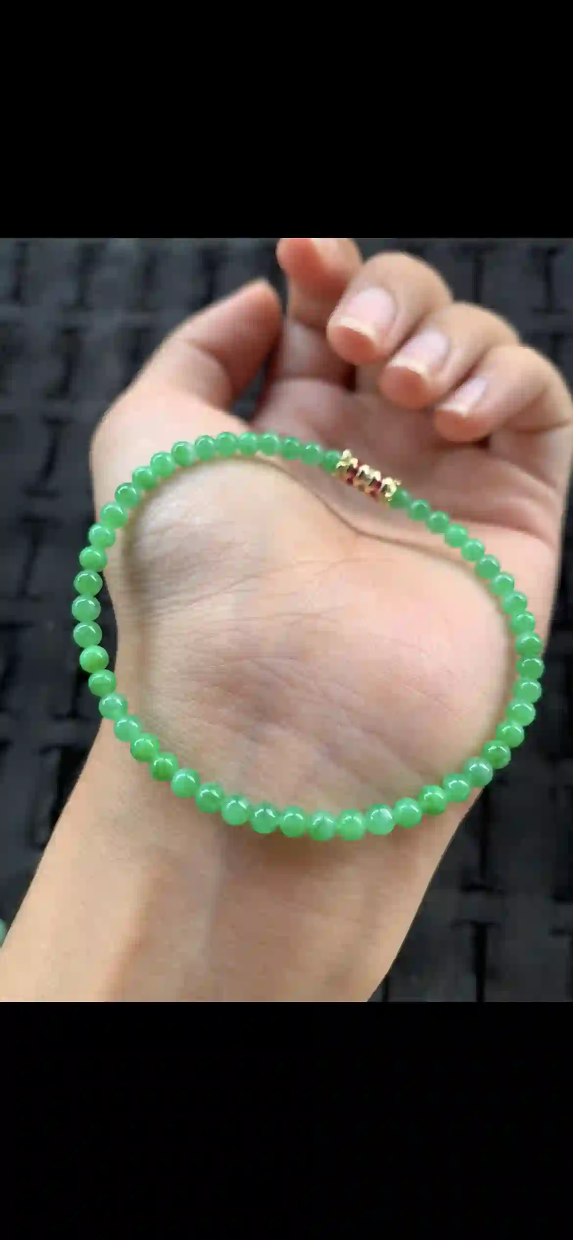 Dainty Uniform Vivid Emerald Green Jade Beaded Bracelet with Gold & Pink Gem Accent | Myanmar Jadeite reference #23490001
