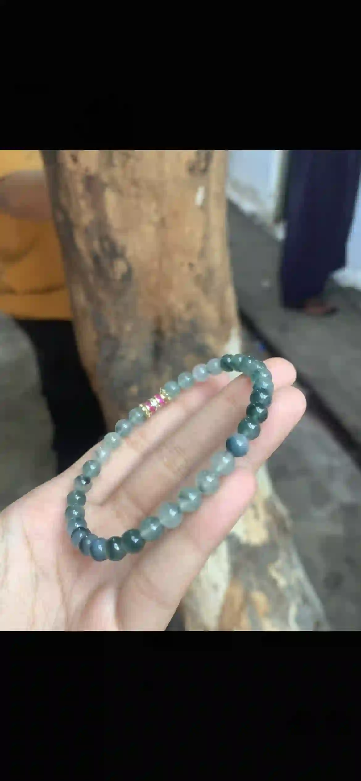 Deep Teal & Icy Blue-Green Jade Beaded Bracelet — Gold & Pink Accent Spacer | Myanmar Jadeite reference #29160001
