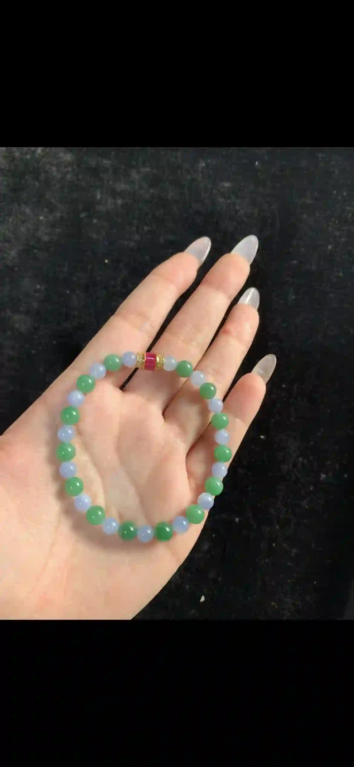 Lavender & Apple Green Jade Bracelet — Ruby-Red Crystal Gold Accent | Myanmar Jadeite reference #33540001