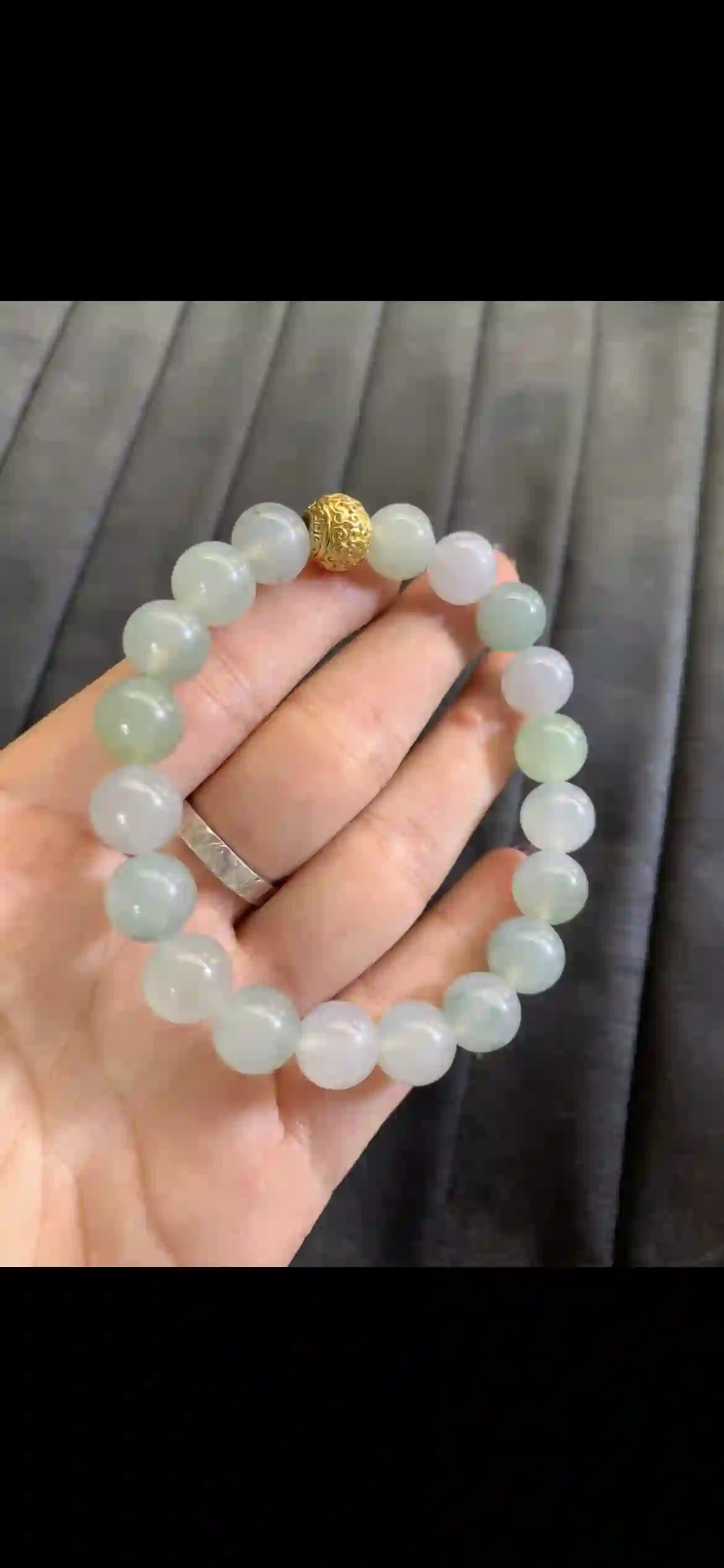  Icy Pale Green Translucent Jadeite Beaded Bracelet with Gold Spacer, view 2 | Myanmar Jadeite reference #4080002
