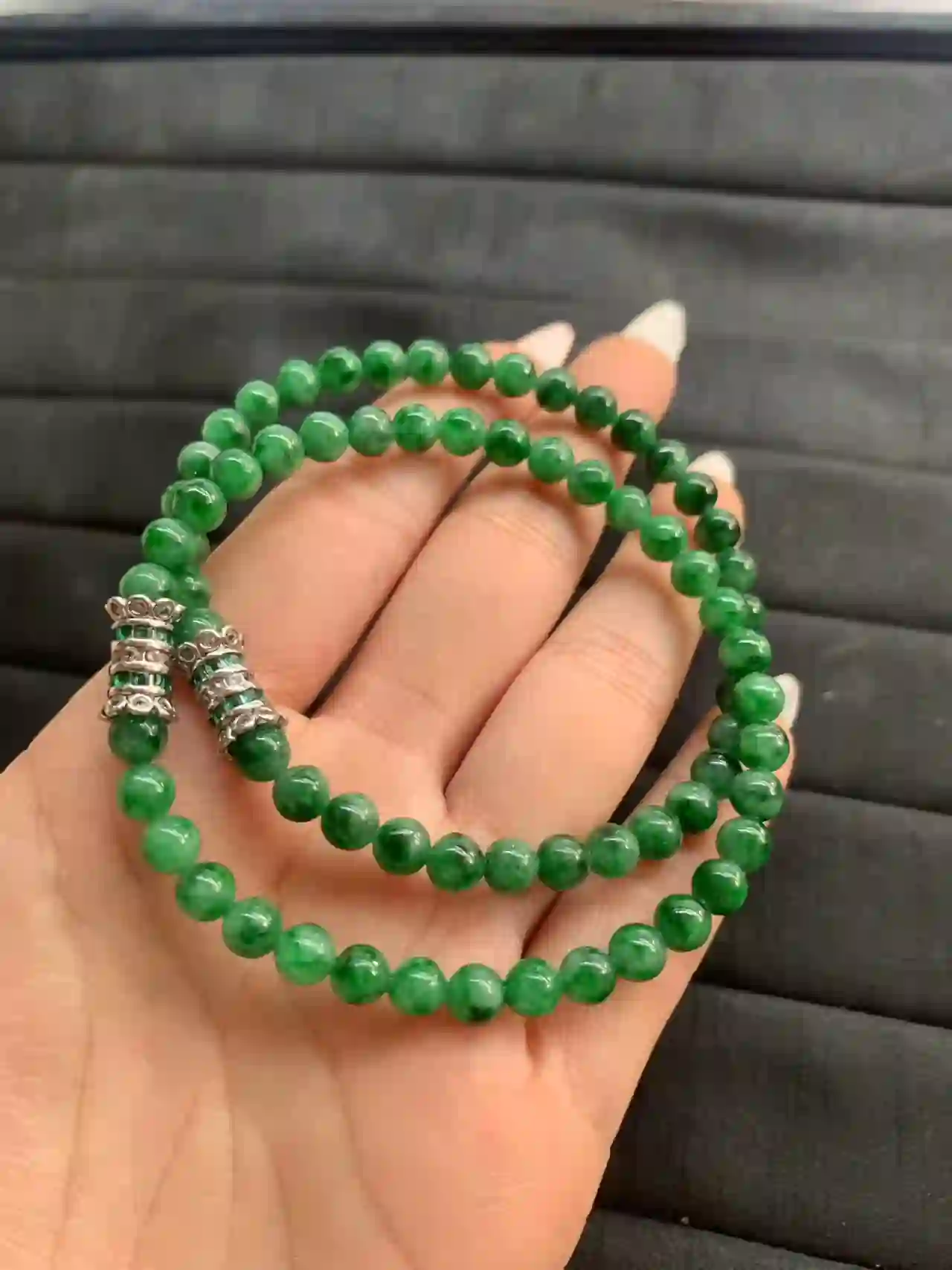  Deep Green Beaded Necklace with Silver-Toned Accents, view 2 | Myanmar Jadeite reference #1440003