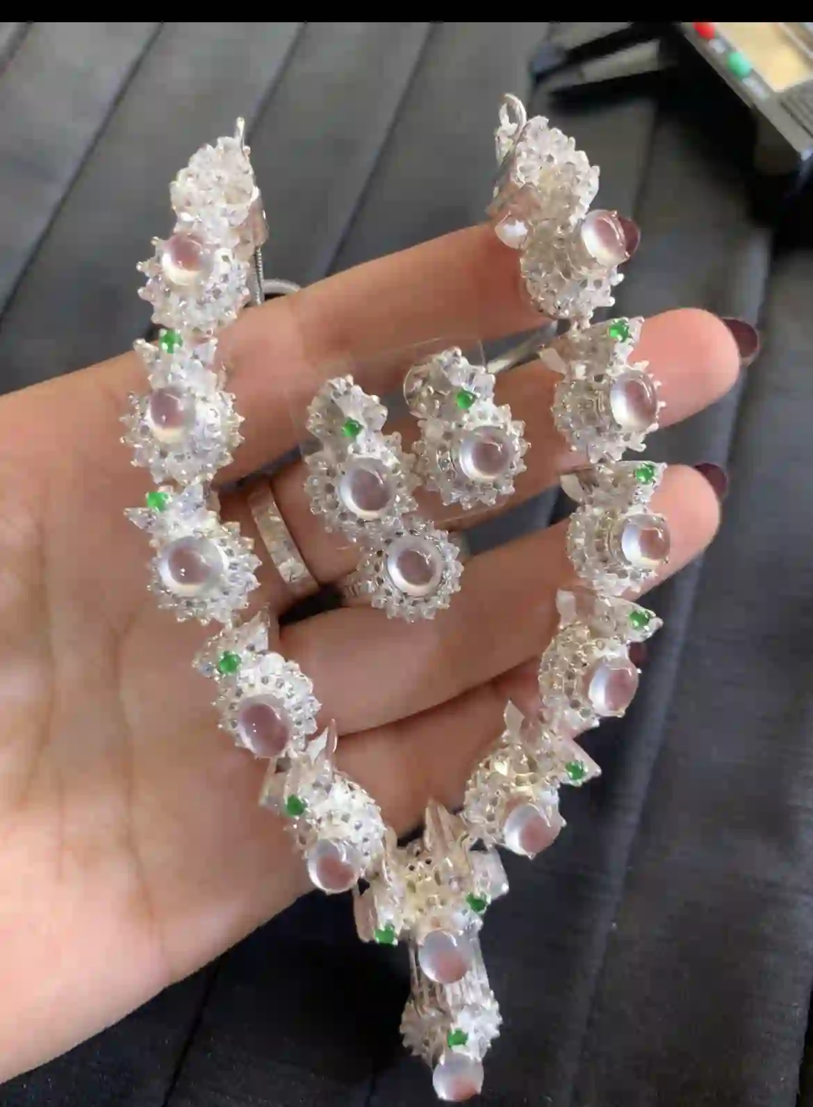 Icy White Jadeite Multi-Stone Necklace with Green Accents and Diamond Halo Setting | Myanmar Jadeite reference #4260001