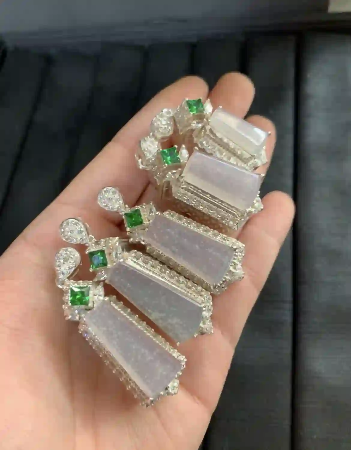 Natural Icy Lavender Jade Pendant Set with Green Gem Accents | Myanmar Jadeite reference #2610001