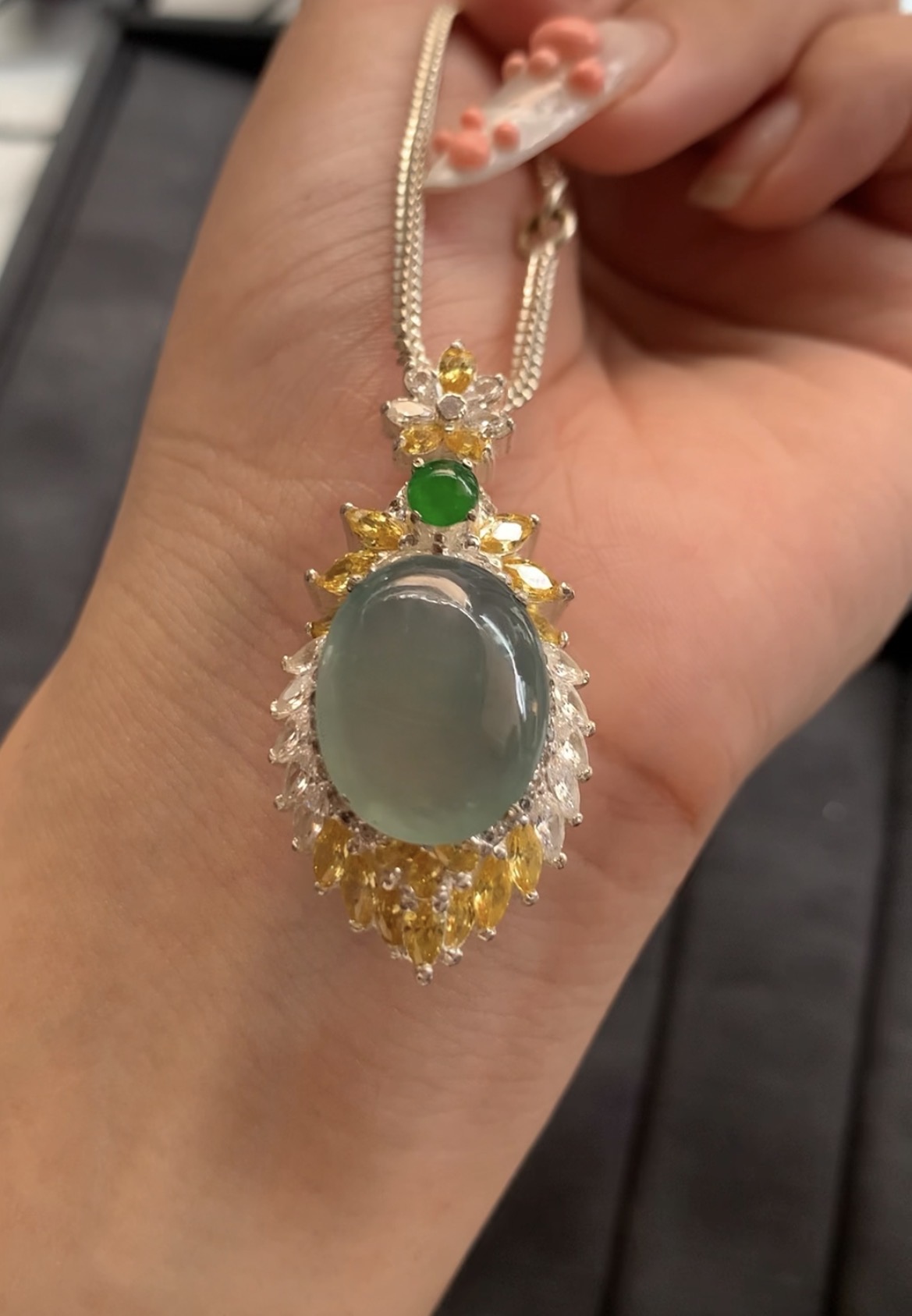 Icy Green Jadeite Pendant with Gemstone Accents - Burmese Jadeite Type A from Hpakant, Myanmar | Myanmar Jadeite